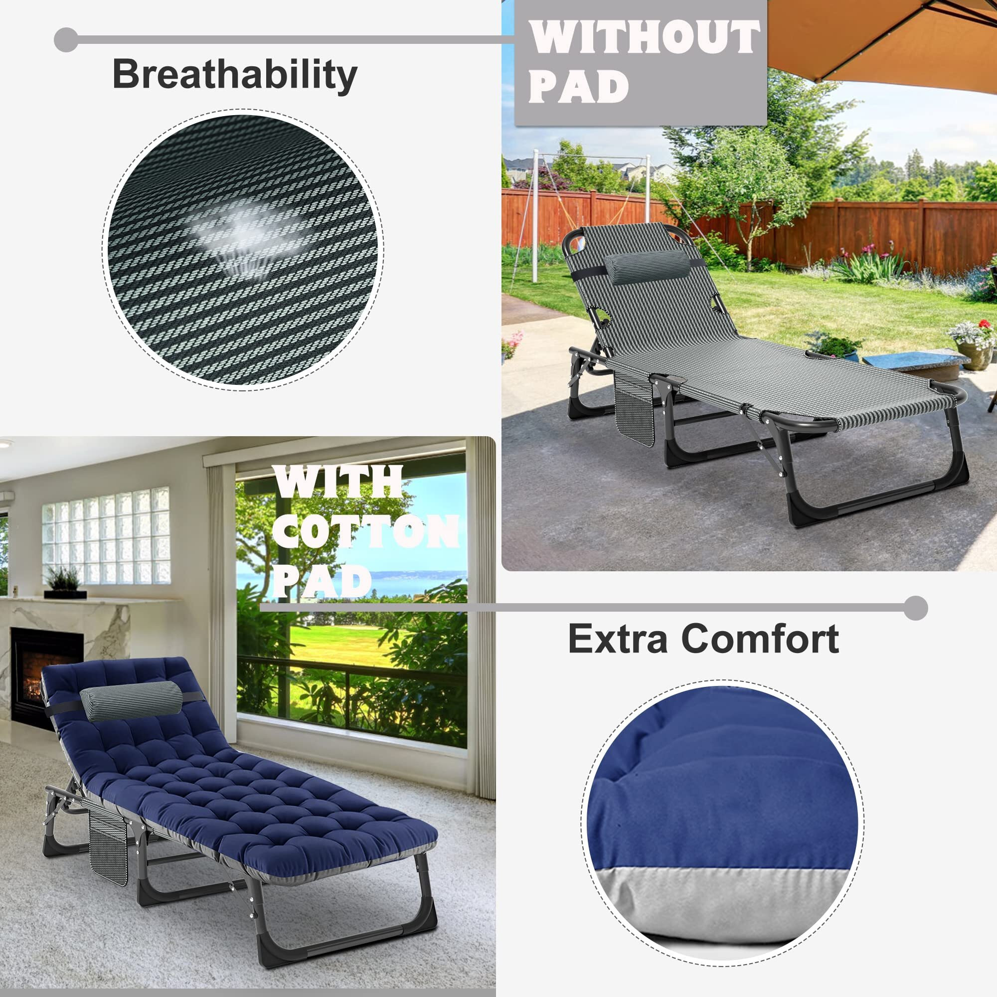 Aboron 2Pk Heavy Duty Tanning Chair, 5-Gear Outdoor Folding Chaise Lounge Chair With Cushion,Portable Beach Lounge Chair For Outdoor Sunbathing Patio Pool Lawn Deck Poolside