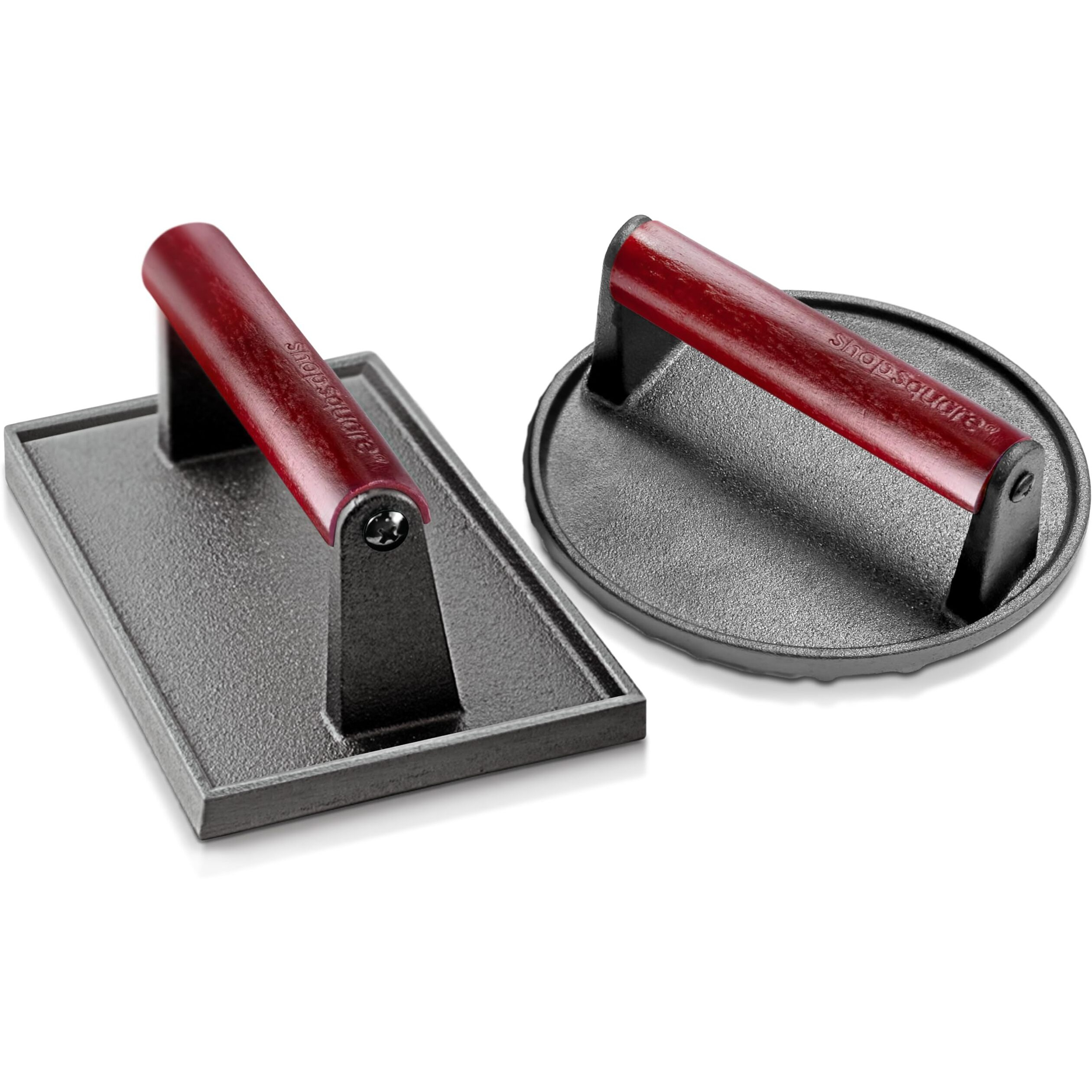 Cast Iron Bacon Press 7"" Round & Rectangle 8"&quotX4"" Cast Iron Grill Press - Meat Press For Bacon, Steak, Burgers And Sandwiches - Non-Stick Griddle Press With Cool-Touch Wood Handle