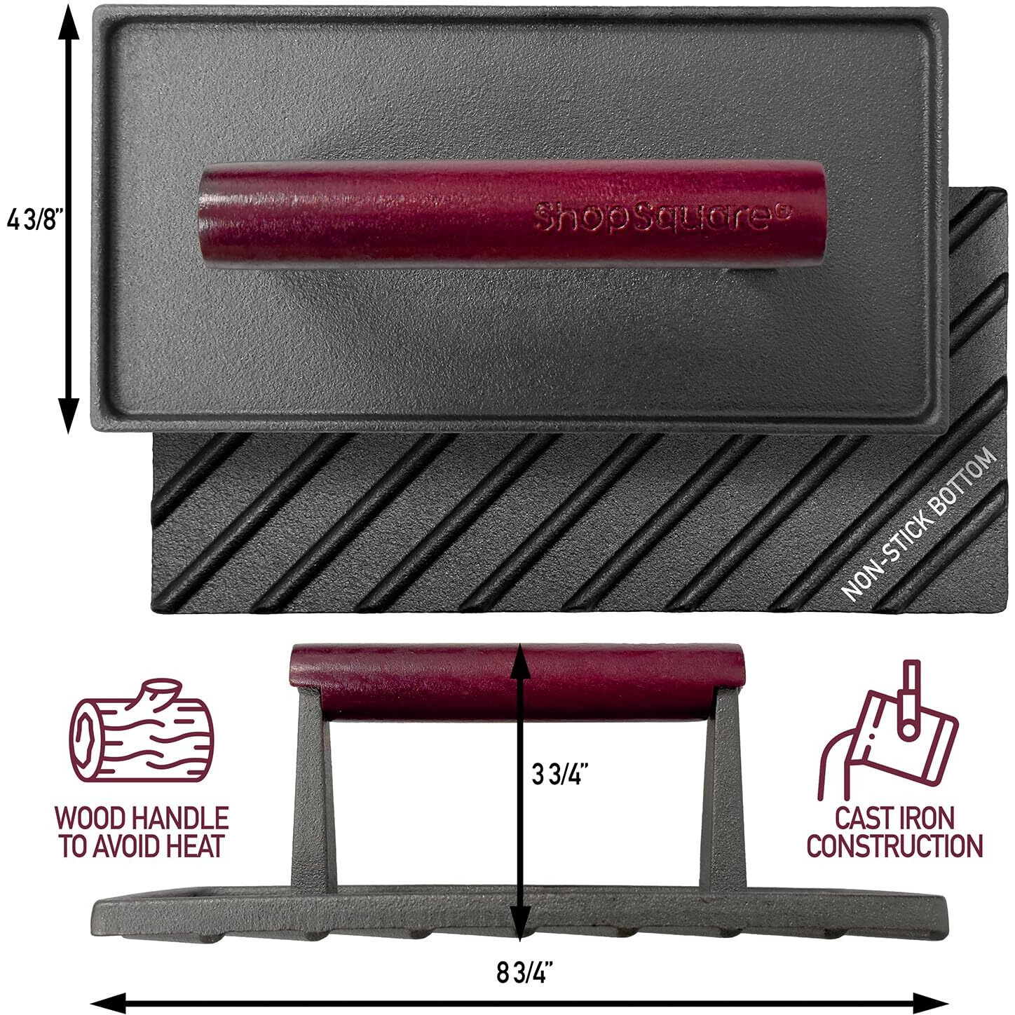 Cast Iron Bacon Press 7"" Round & Rectangle 8"&quotX4"" Cast Iron Grill Press - Meat Press For Bacon, Steak, Burgers And Sandwiches - Non-Stick Griddle Press With Cool-Touch Wood Handle