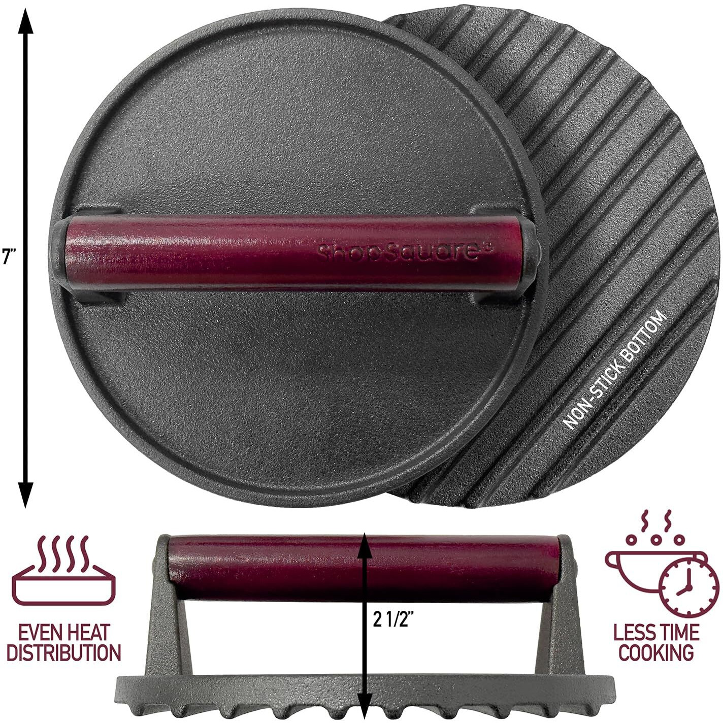 Cast Iron Bacon Press 7"" Round & Rectangle 8"&quotX4"" Cast Iron Grill Press - Meat Press For Bacon, Steak, Burgers And Sandwiches - Non-Stick Griddle Press With Cool-Touch Wood Handle