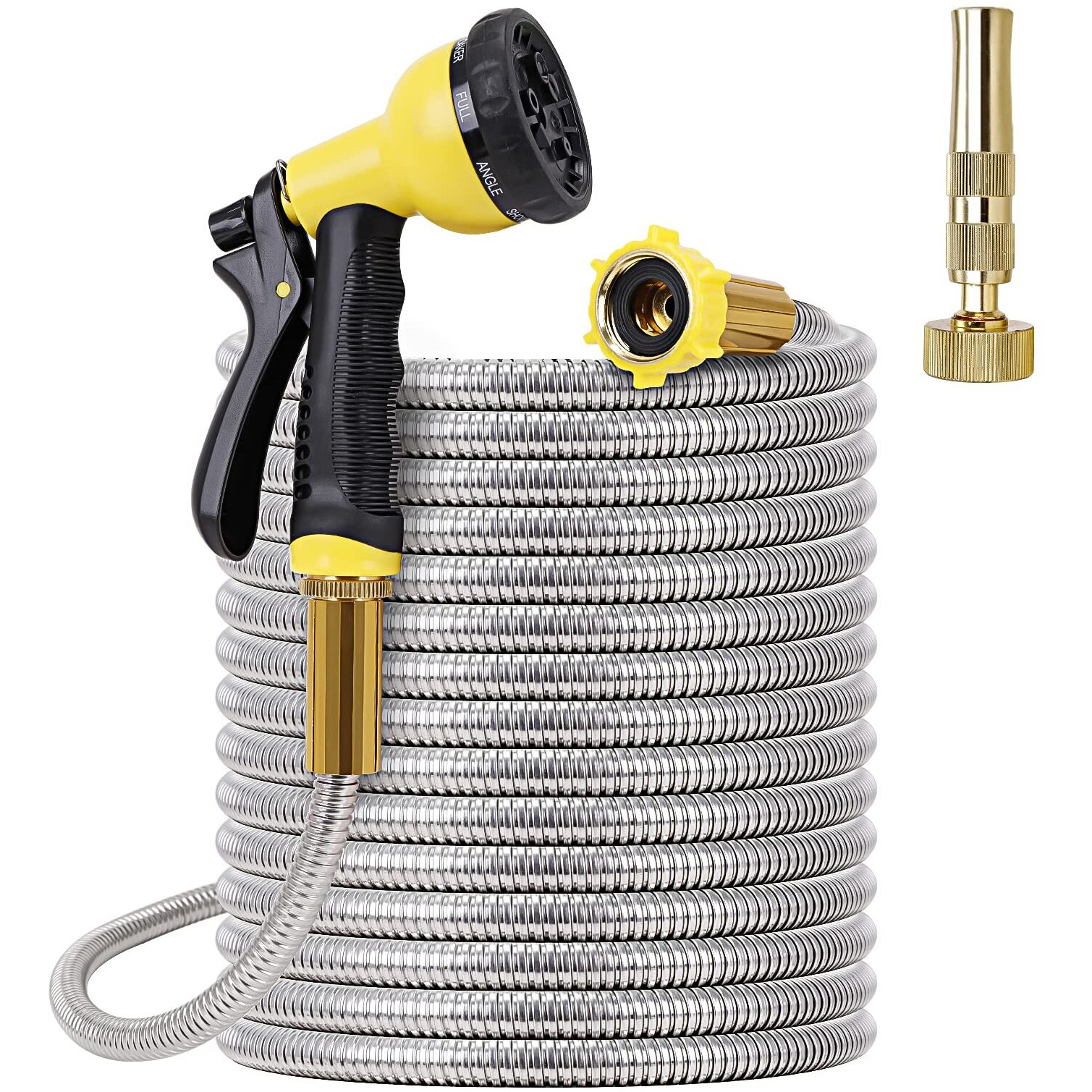 Foxease Metal Garden Hose 75Ft - Stainless Steel Heavy Duty Water Hose With Metal Nozzle & 8 Function Sprayer, Portable & Lightweight Kink Free Yard Hose, Outdoor Hose