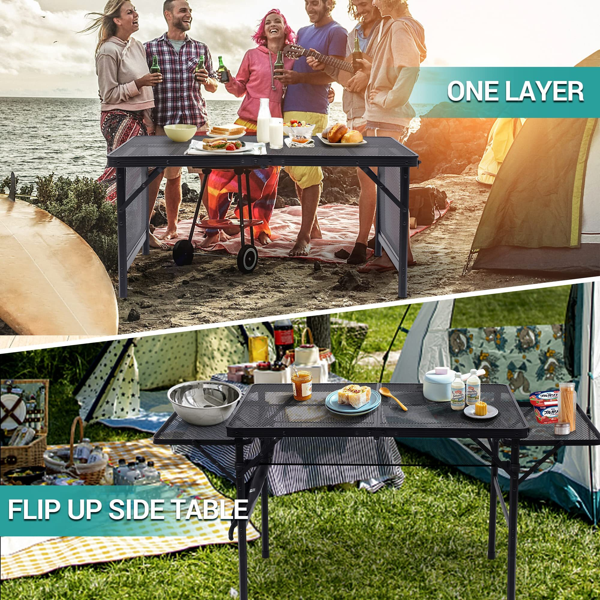 Nice C Grill Table, Outdoor Grill Table, Camping Table, Tailgate Table Adjustable Height & Width, Mesh Bag, Side-Pocket Lightweight, Carry Handle For Outdoor, Picnic, Beach, Indoor