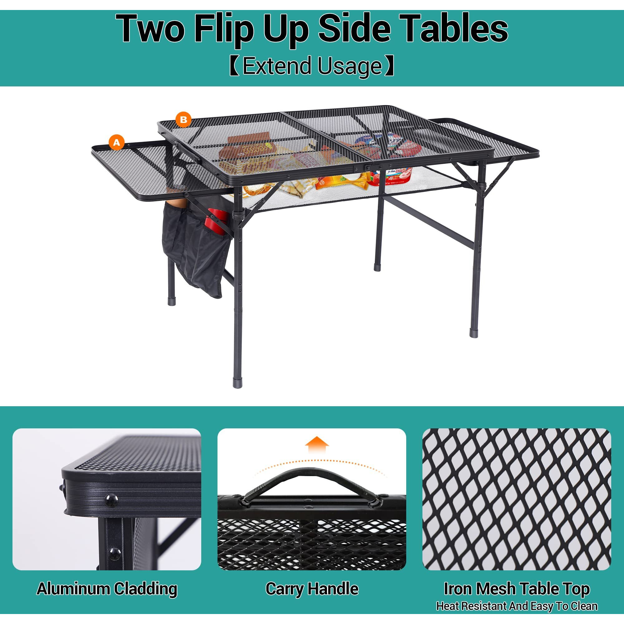 Nice C Grill Table, Outdoor Grill Table, Camping Table, Tailgate Table Adjustable Height & Width, Mesh Bag, Side-Pocket Lightweight, Carry Handle For Outdoor, Picnic, Beach, Indoor