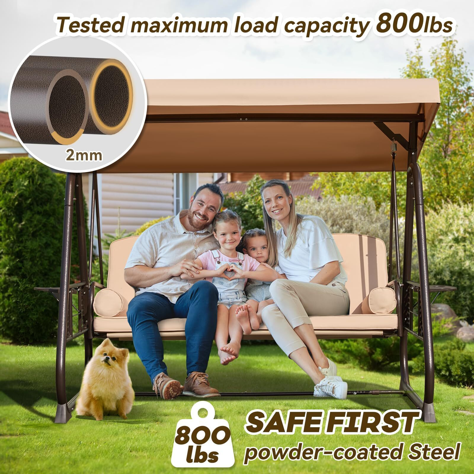 Yalissey 3 In 1 Outdoor Porch Swing With Adjustable Canopy, 3 Seat Outdoor Swing For Adults, Patio Swing Chair With Thickened Cushions,Pillows & Cup Holders For Backyard, Porch, Garden (Khaki)