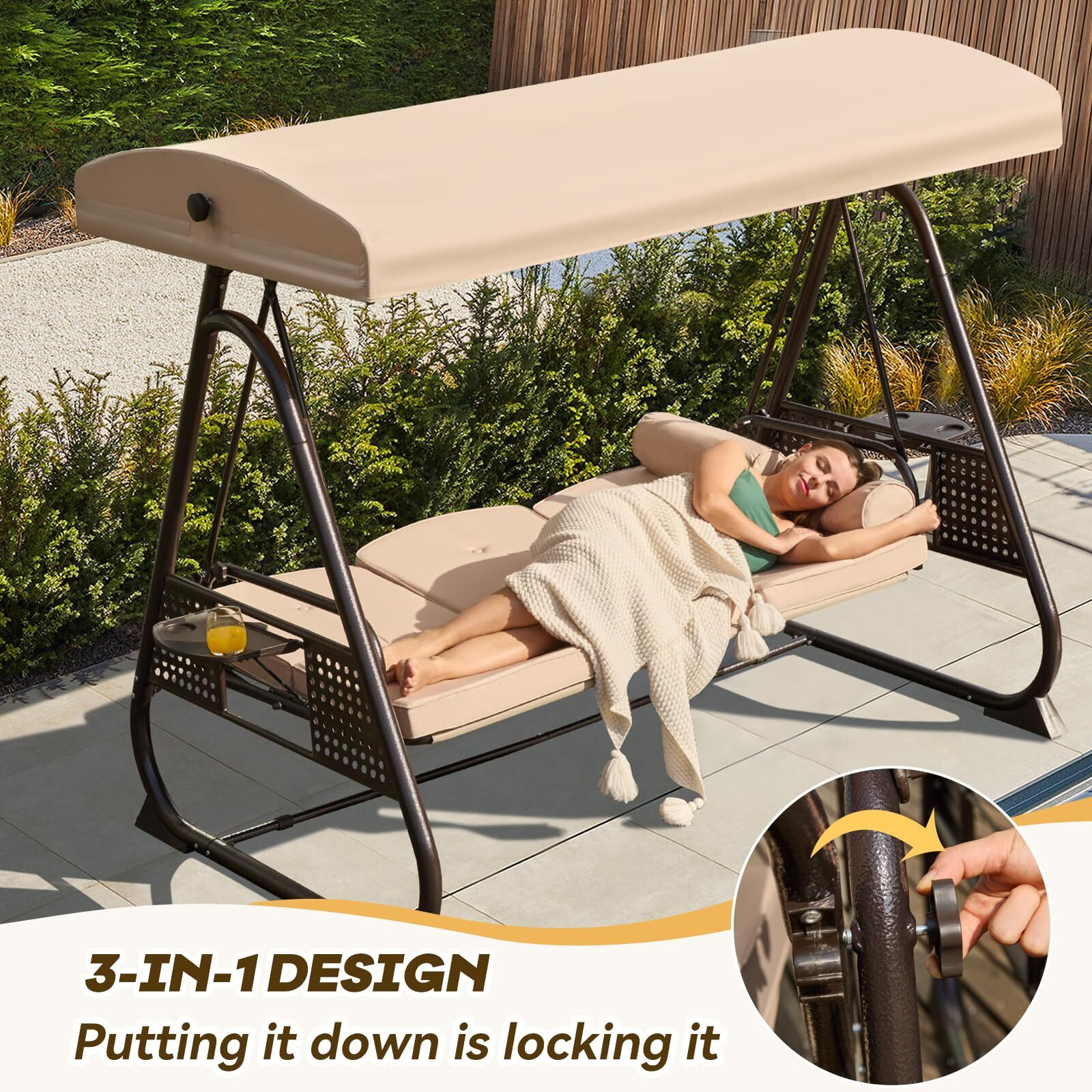 Yalissey 3 In 1 Outdoor Porch Swing With Adjustable Canopy, 3 Seat Outdoor Swing For Adults, Patio Swing Chair With Thickened Cushions,Pillows & Cup Holders For Backyard, Porch, Garden (Khaki)