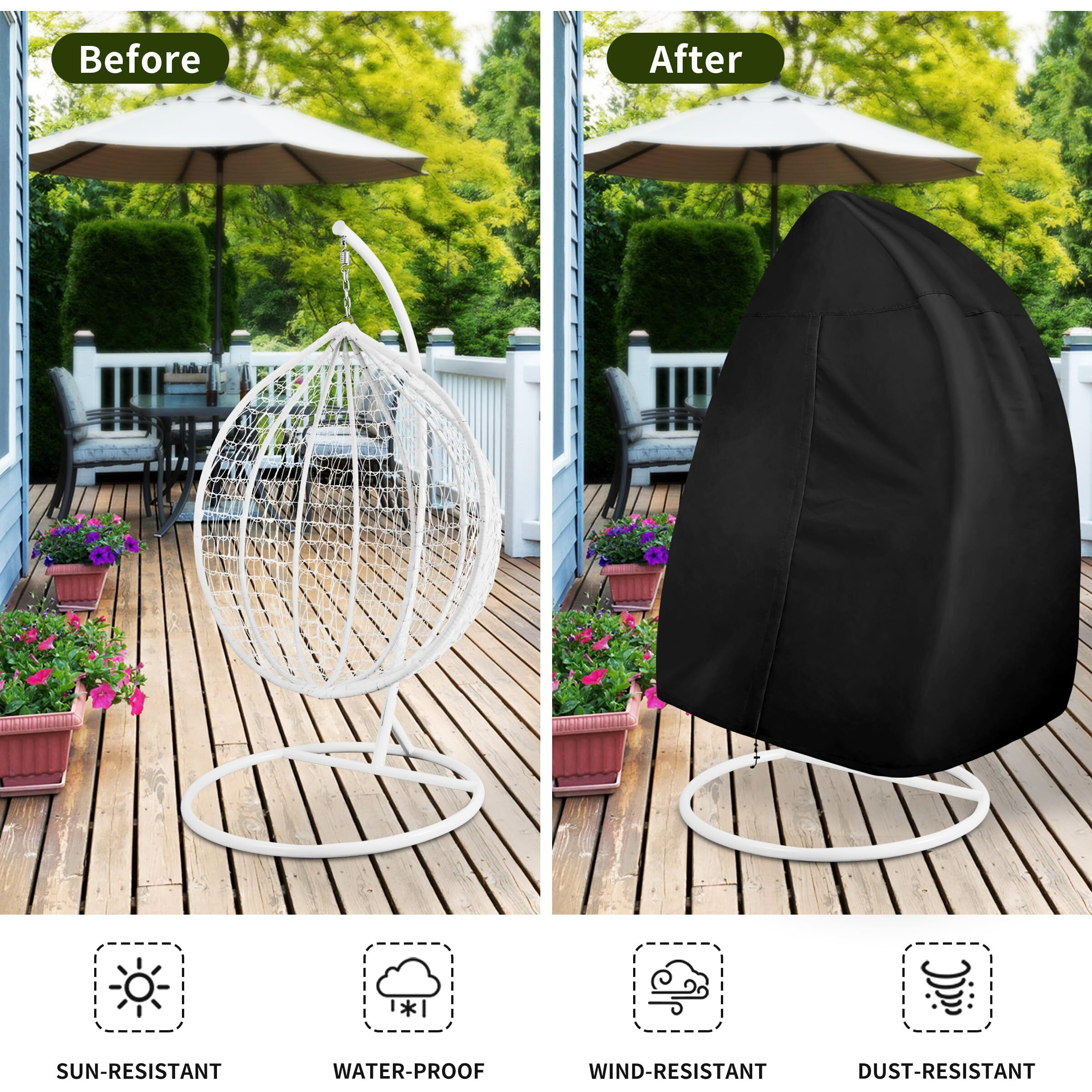 Easy-Going Patio Egg Chair Cover, Uv Resistant Waterproof Swing Hanging Egg Chair Cover With Zipper, Outdoor Wicker Single Seat Egg Chair Cover, Black