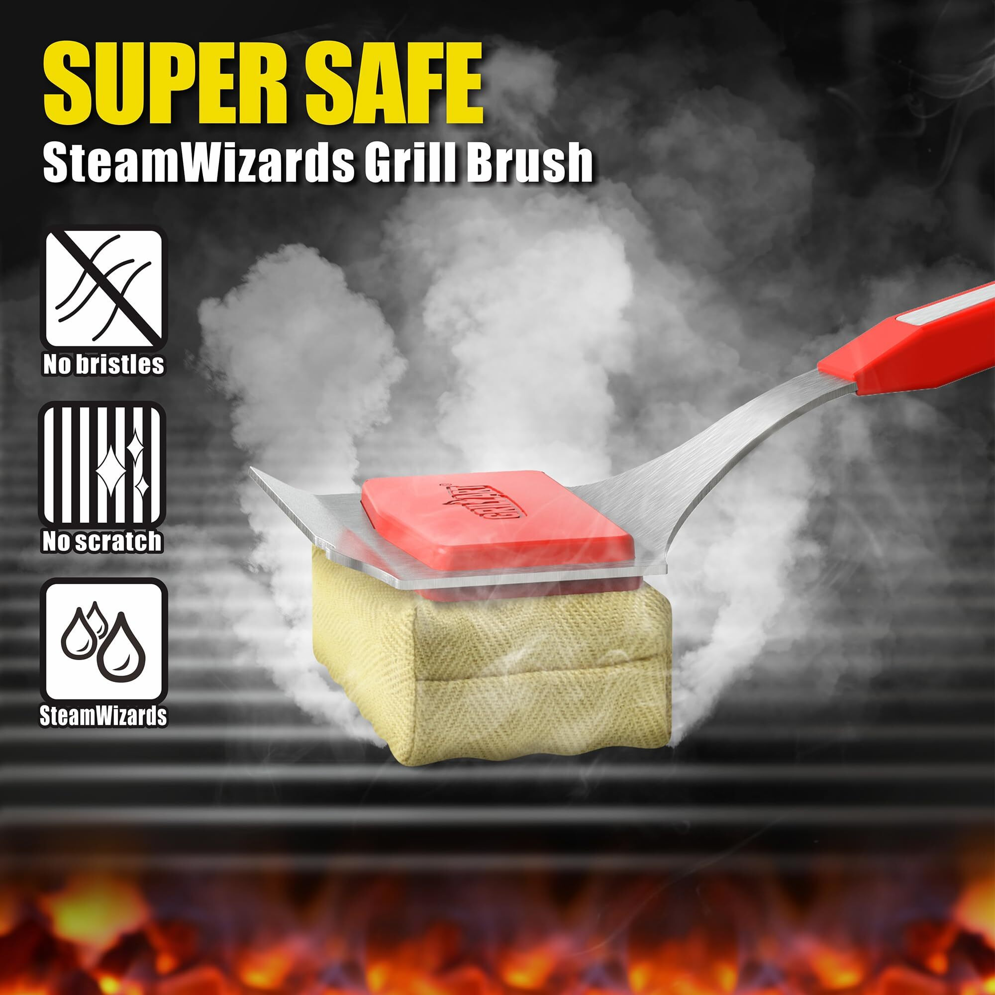 Grillart Grill Brush Bristle Free. Steamwizards Bbq Replaceable Cleaning Head, Unique Seamless-Fit Scraper Tool For Cast Iron/Stainless-Steel Grates, Safe Barbecue Grill Cleaner-Red