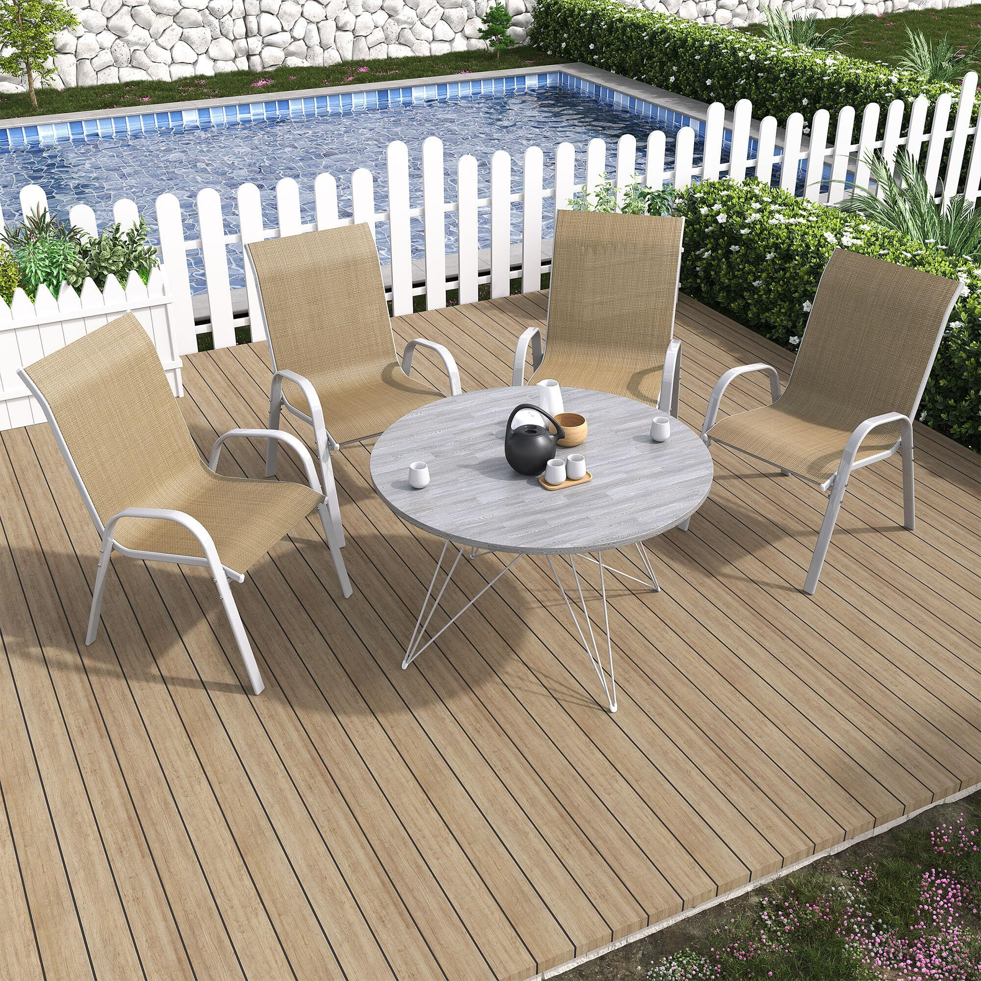 Amopatio Patio Chairs Set Of 4, Outdoor Stackable Dining Chairs For All Weather, Breathable Garden Outdoor Furniture For Backyard Deck, Brown