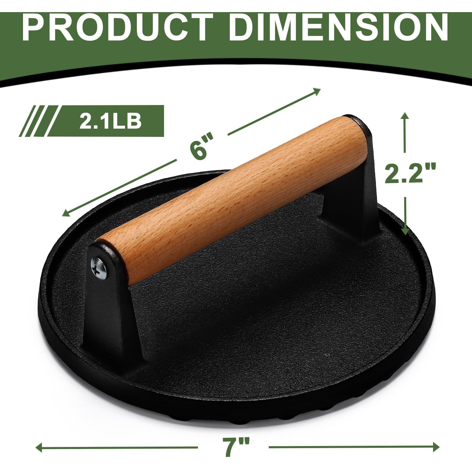 Ewfen Burger Press, 7"" Round Heavy-Duty Cast Iron Smash Bacon Press Meat Steak With Wood Handle For Griddle, Sandwich, Nonstick Pan