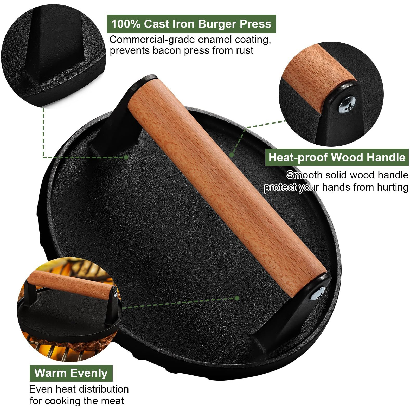Ewfen Burger Press, 7"" Round Heavy-Duty Cast Iron Smash Bacon Press Meat Steak With Wood Handle For Griddle, Sandwich, Nonstick Pan