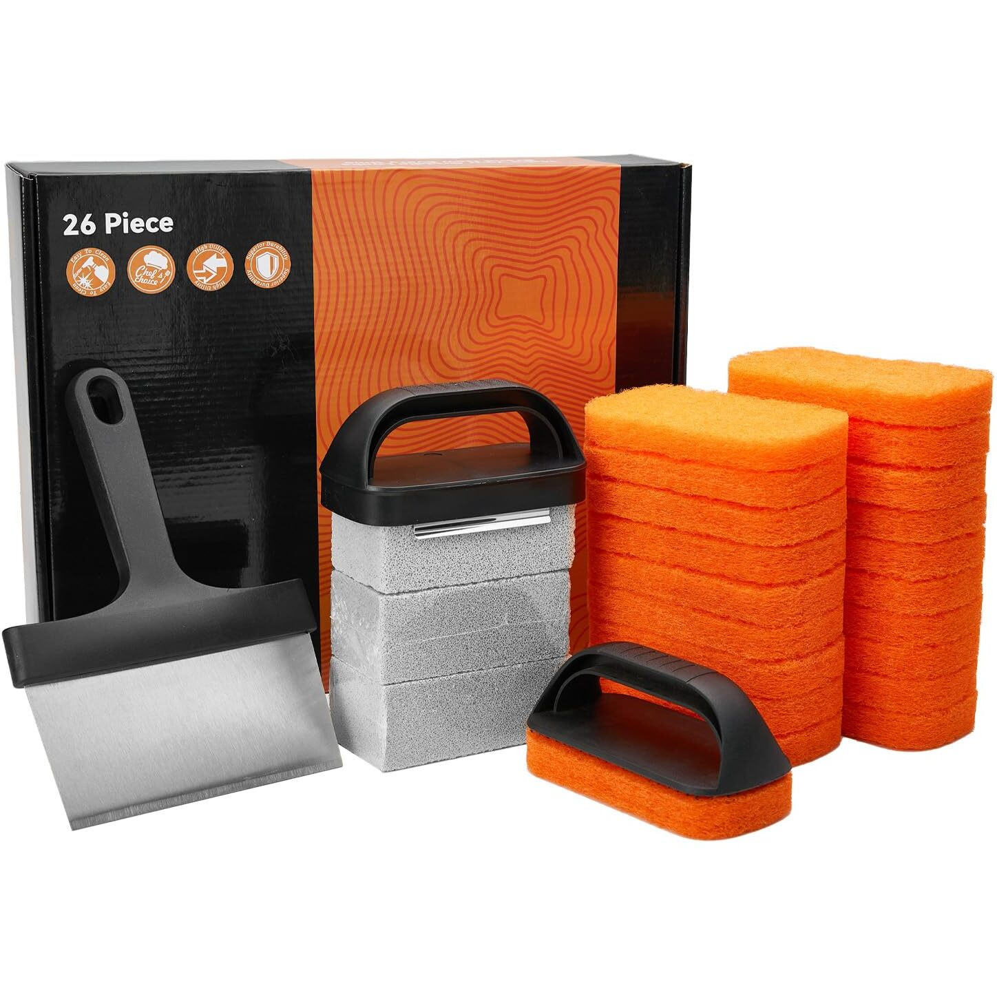Griddle Cleaning Kit For Blackstone, 26 Pieces Flat Top Grill Accessories Cleaner Tool Set - 1 Scraper, 3 Cleaning Brick, 20 Scouring Pads, And 2 Handles, Easy Cleaning On Hot Or Cold Surfaces
