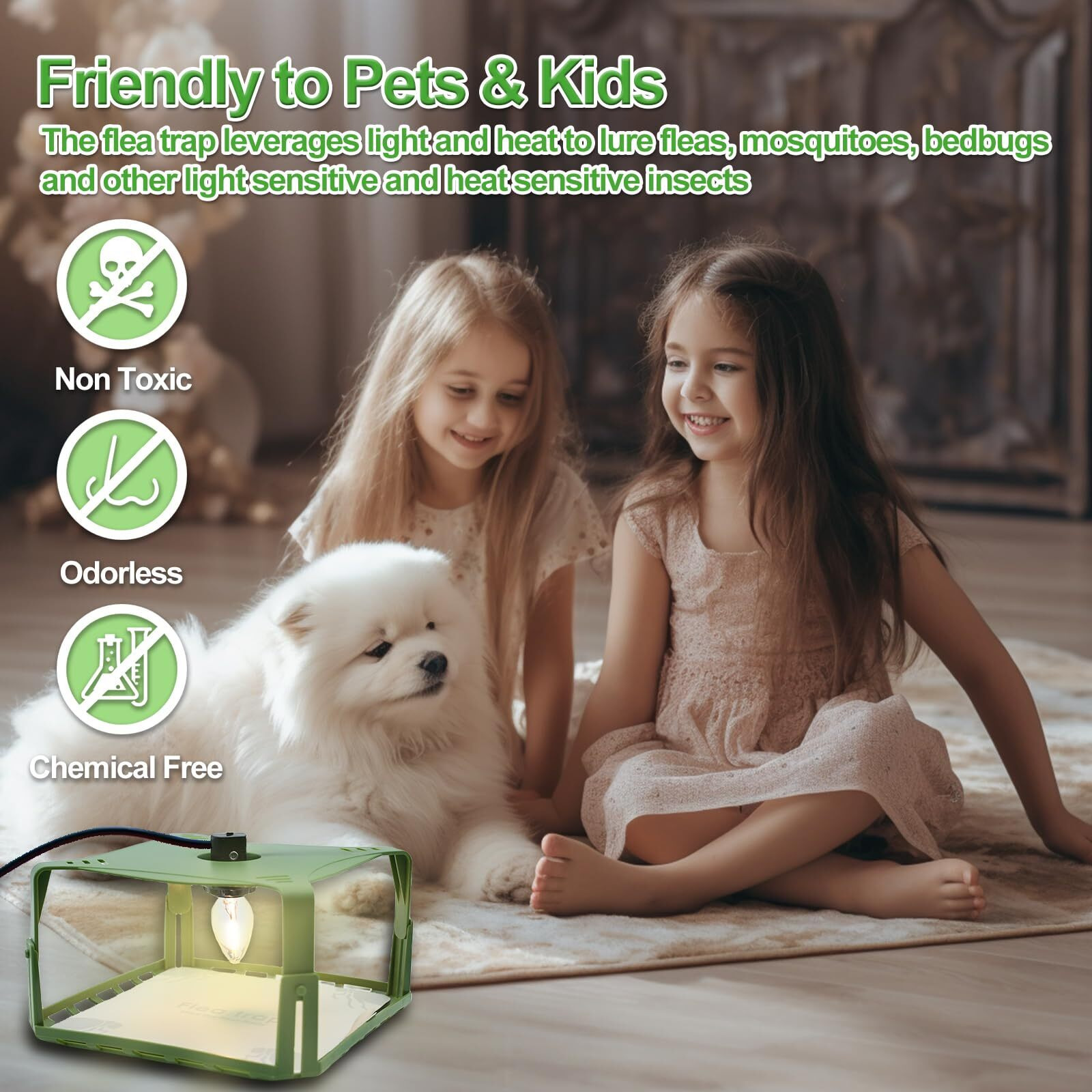 Flea Traps For Inside Your Home, Flea Killer Trap Indoor Natural Safe Pest Control Trapper House Sticky Insect Killer With Light & Switch Bed Bug Trap, Safe For Kid & Pet, 2 Packs Green