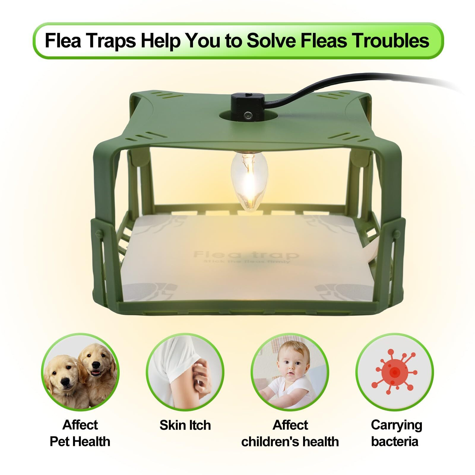 Flea Traps For Inside Your Home, Flea Killer Trap Indoor Natural Safe Pest Control Trapper House Sticky Insect Killer With Light & Switch Bed Bug Trap, Safe For Kid & Pet, 2 Packs Green