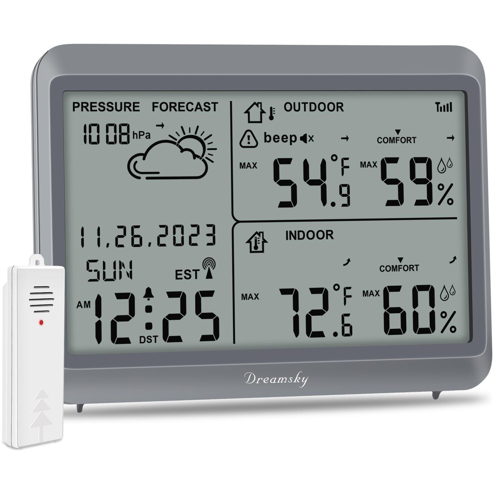 Dreamsky Weather Station Indoor Outdoor Thermometer Wireless - Atomic Clock With Indoor/Outdoor Temp, Date & Day, Battery Powered, Home Weather Forecast Clock With Inside Outside Temperature Humidity