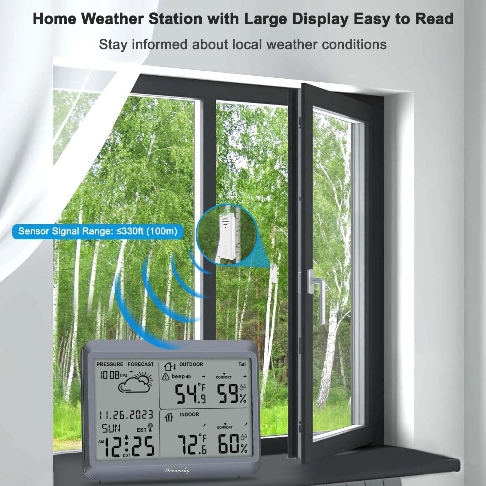 Dreamsky Weather Station Indoor Outdoor Thermometer Wireless - Atomic Clock With Indoor/Outdoor Temp, Date & Day, Battery Powered, Home Weather Forecast Clock With Inside Outside Temperature Humidity