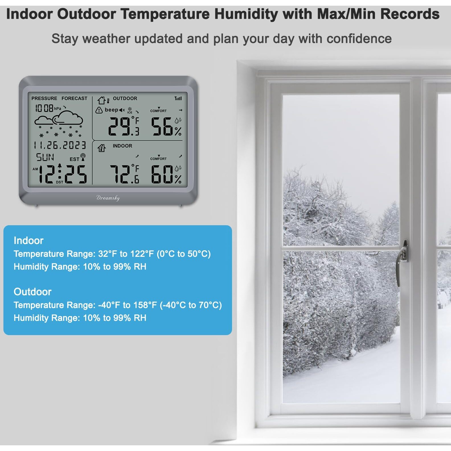 Dreamsky Weather Station Indoor Outdoor Thermometer Wireless - Atomic Clock With Indoor/Outdoor Temp, Date & Day, Battery Powered, Home Weather Forecast Clock With Inside Outside Temperature Humidity