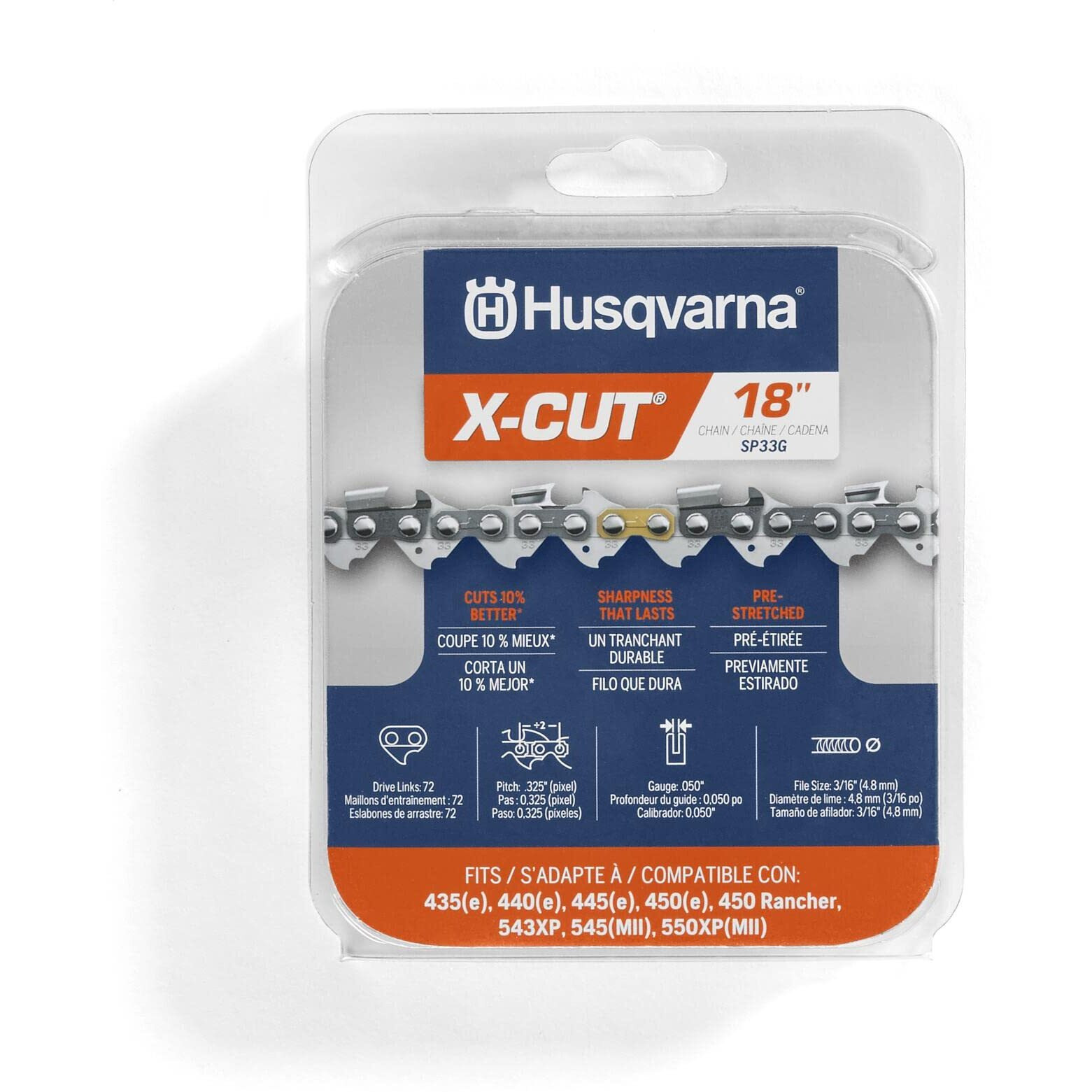 Husqvarna X-Cut Sp33G 18 Inch Chainsaw Chain, 325"" Pitch, 050"" Gauge, 72 Drive Links, Pre-Stretched Chainsaw Blade Replacement With Superior Lubrication And Low Kickback, Gray