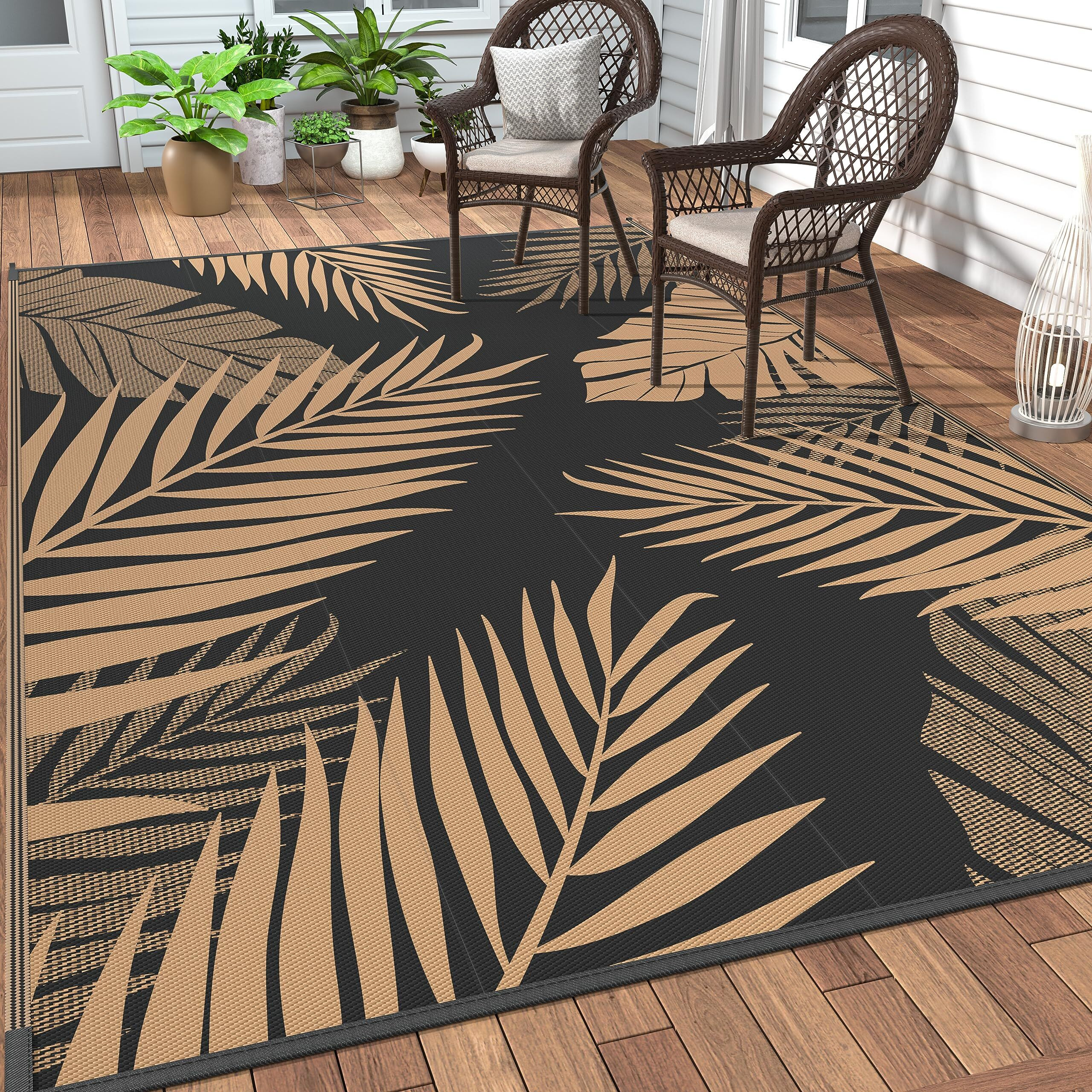 Genimo Outdoor Rug 10' X 14' Waterproof For Patios Clearance, Reversible Outdoor Plastic Straw Camping Rug Carpet, Large Area Rugs Mats For Rv, Camper, Deck, Balcony, Porch, Beach, Picnic, Black&Brown