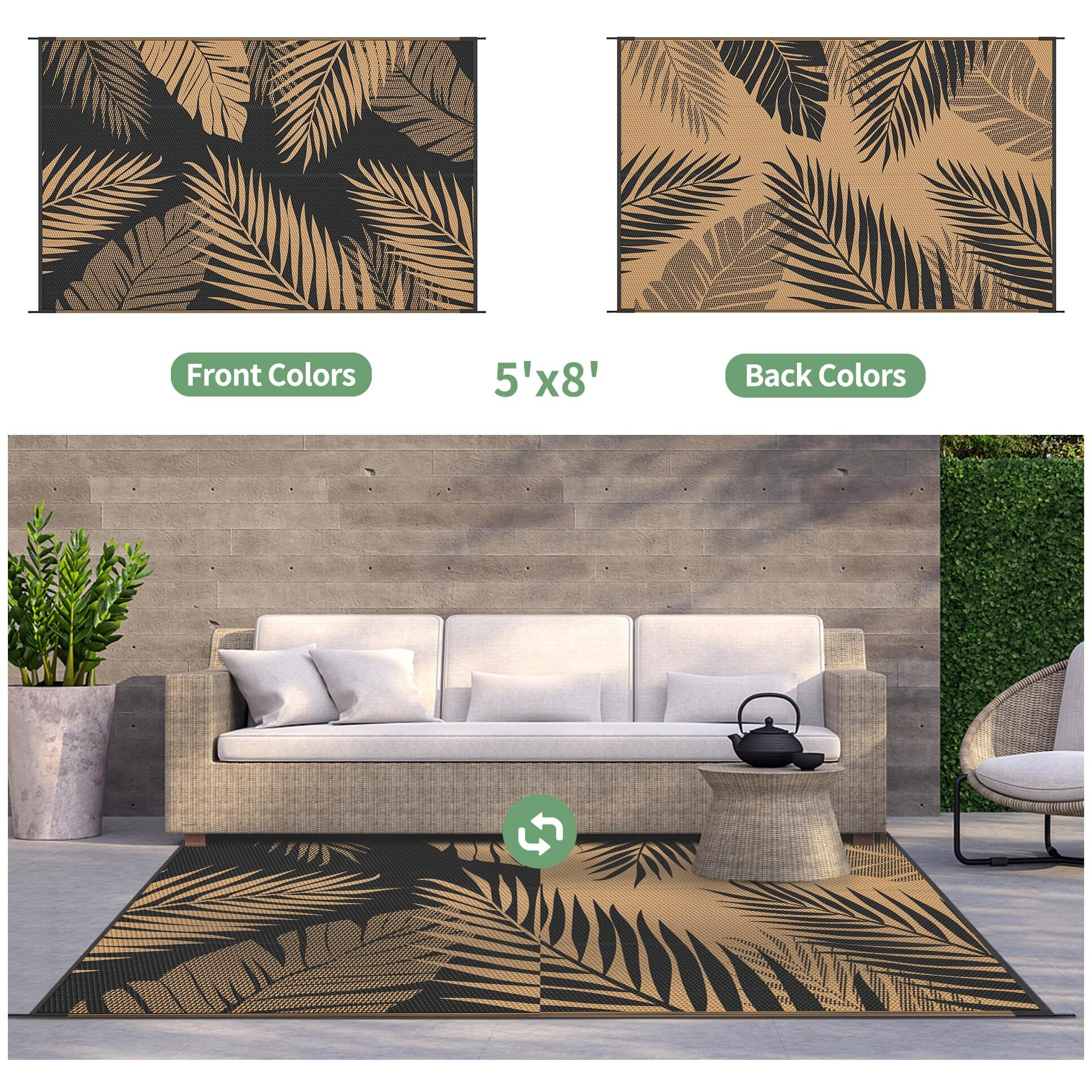Genimo Outdoor Rug 10' X 14' Waterproof For Patios Clearance, Reversible Outdoor Plastic Straw Camping Rug Carpet, Large Area Rugs Mats For Rv, Camper, Deck, Balcony, Porch, Beach, Picnic, Black&Brown