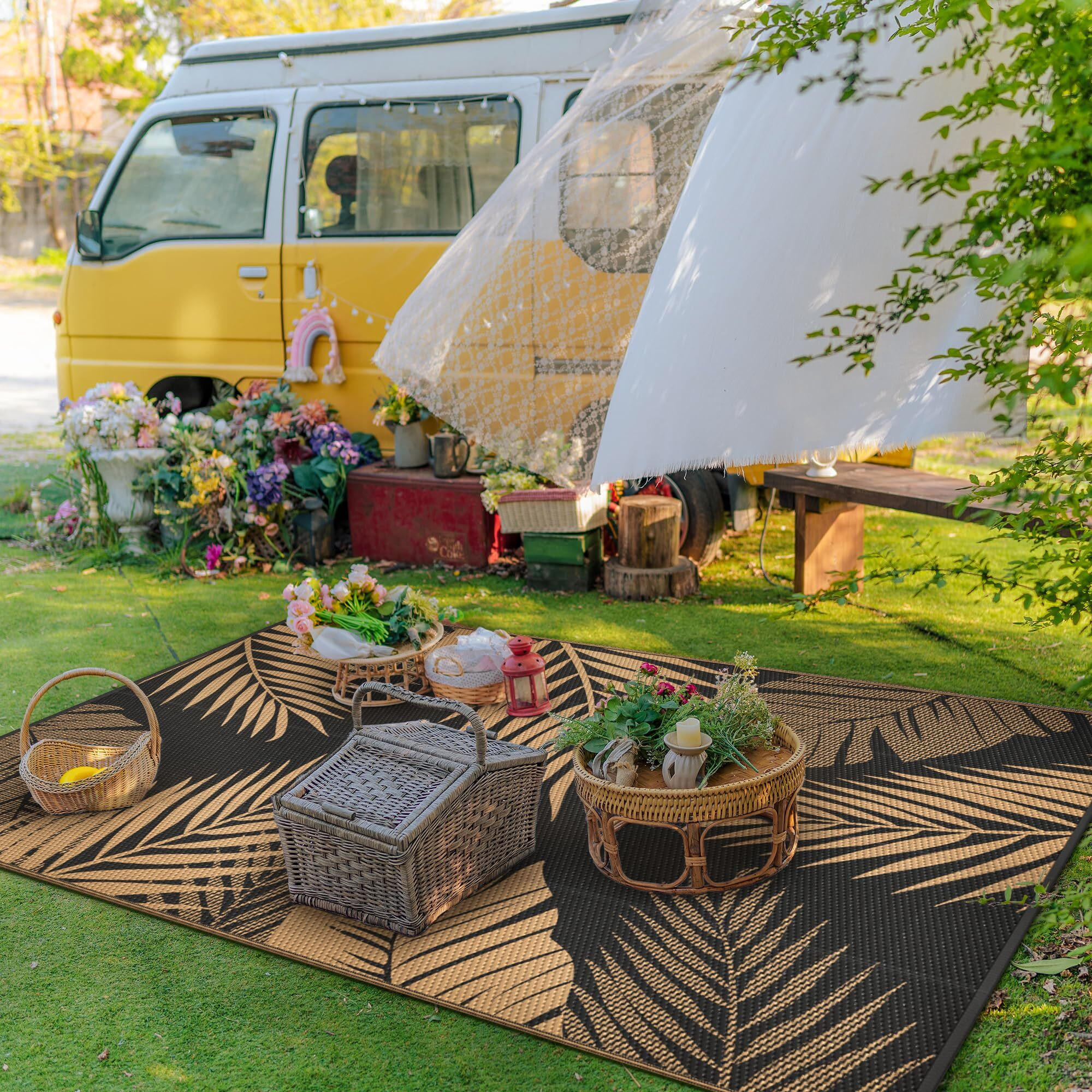 Genimo Outdoor Rug 10' X 14' Waterproof For Patios Clearance, Reversible Outdoor Plastic Straw Camping Rug Carpet, Large Area Rugs Mats For Rv, Camper, Deck, Balcony, Porch, Beach, Picnic, Black&Brown