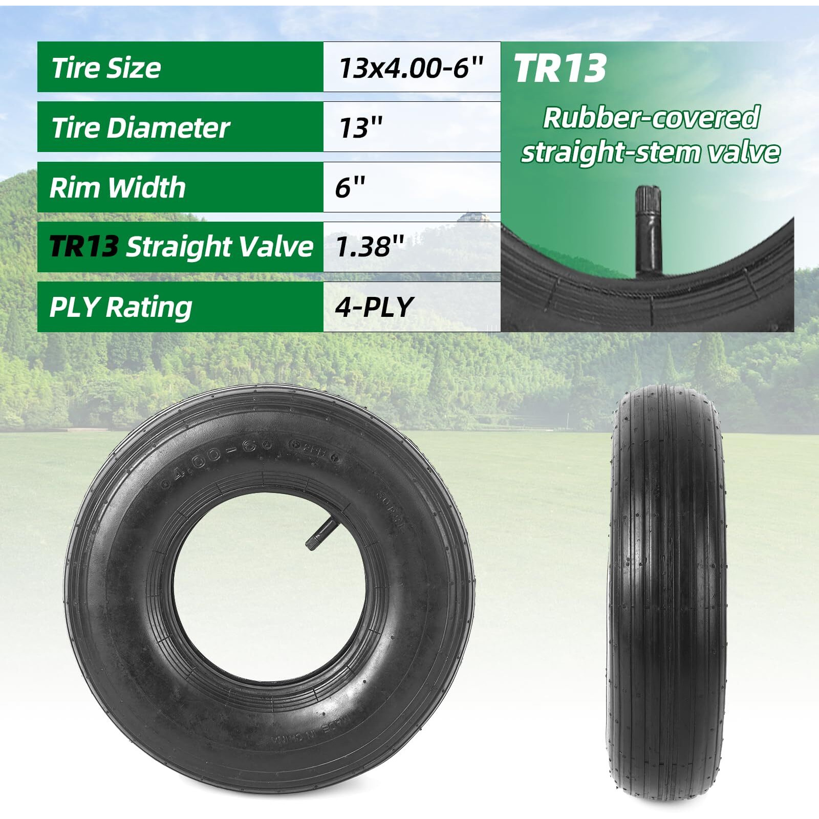 (2 Sets) 4.00-6 Replacement Pneumatic Tires And Inner Tubes - Universal Fit 13    Tires And Tubes Compatible With Wheelbarrows And Gorilla Carts - With Ribbed Treads And Tr13 Straight Valve Stems