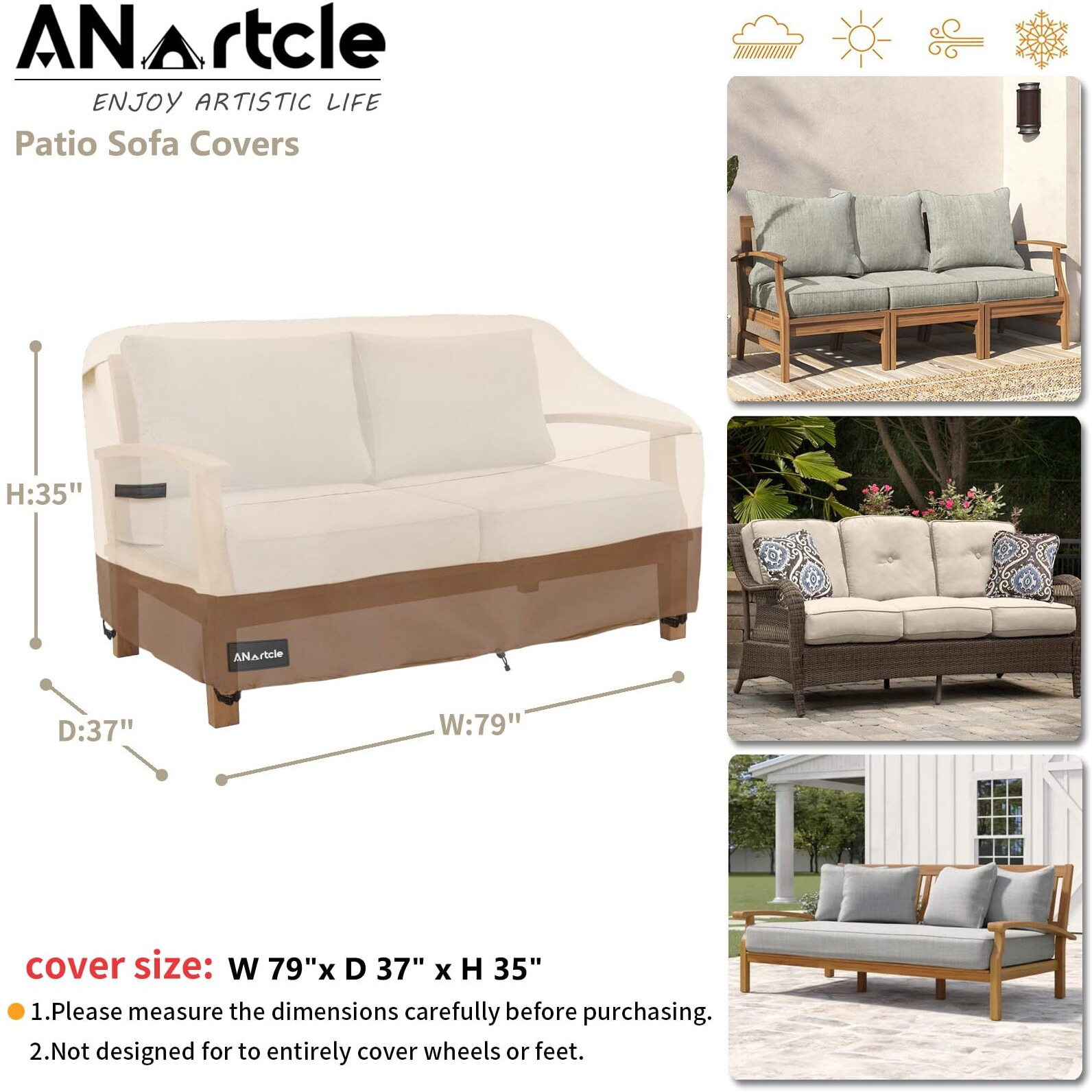 Anartcle 3-Seater Patio Sofa Cover,79W X 37D X 35H Inches Outdoor Couch Cover,100% Waterproof Heavy Duty Patio Sofa Covers,Patio Furniture Covers,Beige&Brown
