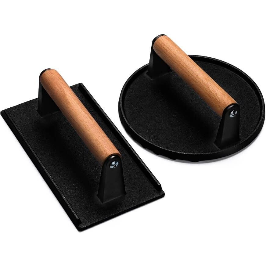 Ewfen Burger Press, 7"" Round & 8.2"&quotX4.3"" Rectangle Heavy-Duty Cast Iron Smash Bacon Press Meat Steak With Wood Handle For Griddle, Sandwich, Nonstick Pan
