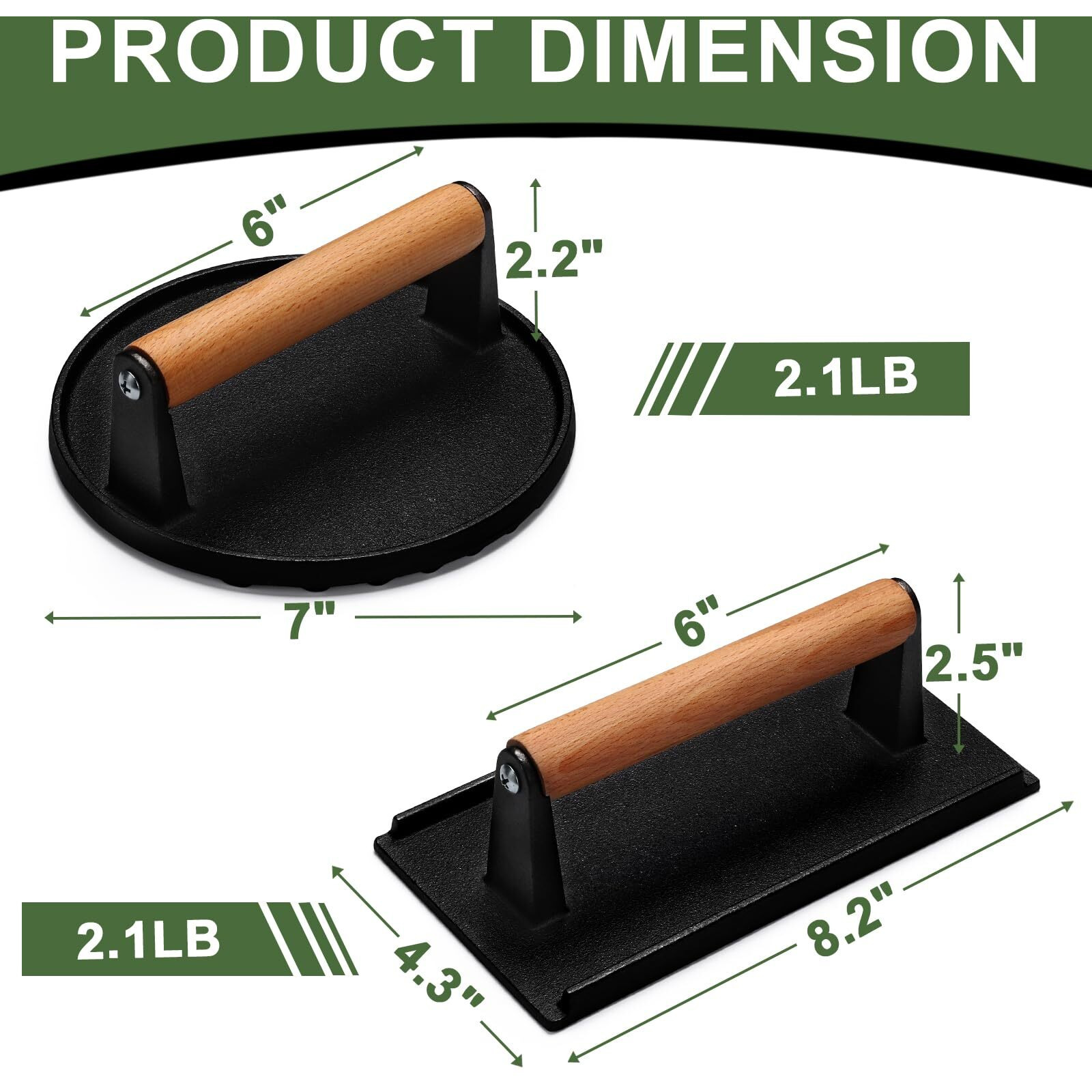 Ewfen Burger Press, 7"" Round & 8.2"&quotX4.3"" Rectangle Heavy-Duty Cast Iron Smash Bacon Press Meat Steak With Wood Handle For Griddle, Sandwich, Nonstick Pan