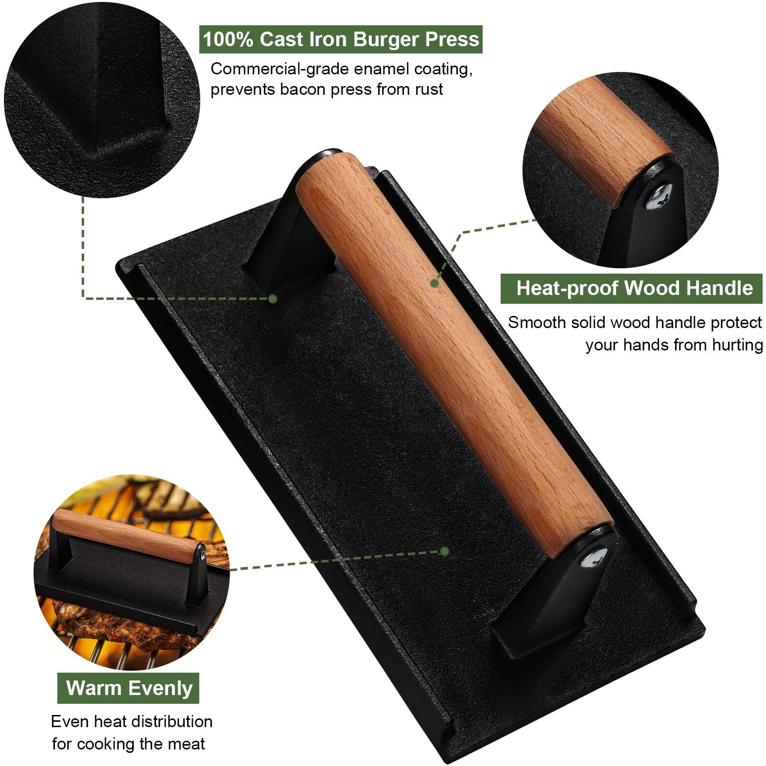 Ewfen Burger Press, 7"" Round & 8.2"&quotX4.3"" Rectangle Heavy-Duty Cast Iron Smash Bacon Press Meat Steak With Wood Handle For Griddle, Sandwich, Nonstick Pan