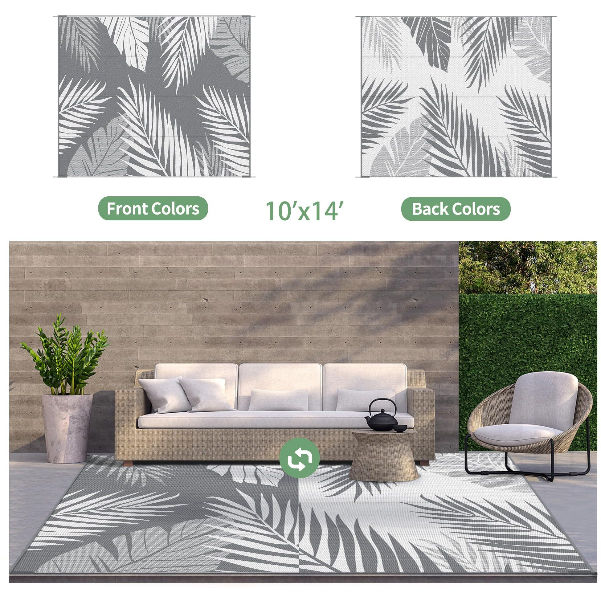 Genimo Outdoor Rug 10' X 14' Waterproof For Patios Clearance, Reversible Outdoor Plastic Straw Camping Rug Carpet, Large Area Rugs Mats For Rv, Camper, Deck, Balcony, Porch, Beach, Picnic, Grey&White