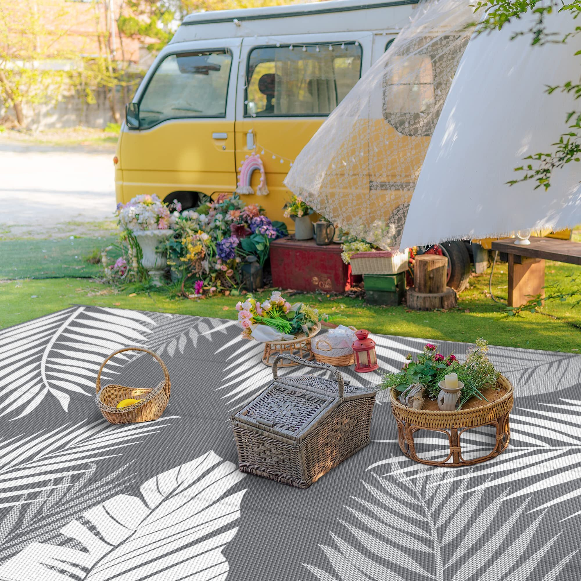 Genimo Outdoor Rug 10' X 14' Waterproof For Patios Clearance, Reversible Outdoor Plastic Straw Camping Rug Carpet, Large Area Rugs Mats For Rv, Camper, Deck, Balcony, Porch, Beach, Picnic, Grey&White