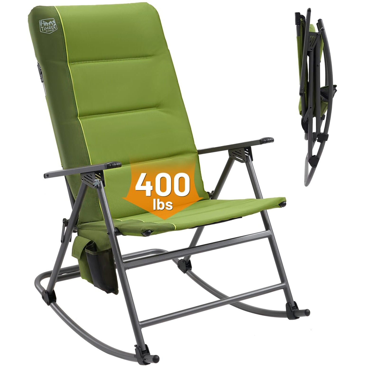 Timber Ridge High Back Oversized Folding Rocking Camping Chair, Padded Outdoor Rocker, Portable Outdoor Chair For Patio, Garden, Lawn, Supports Up To 400 Lbs, Green