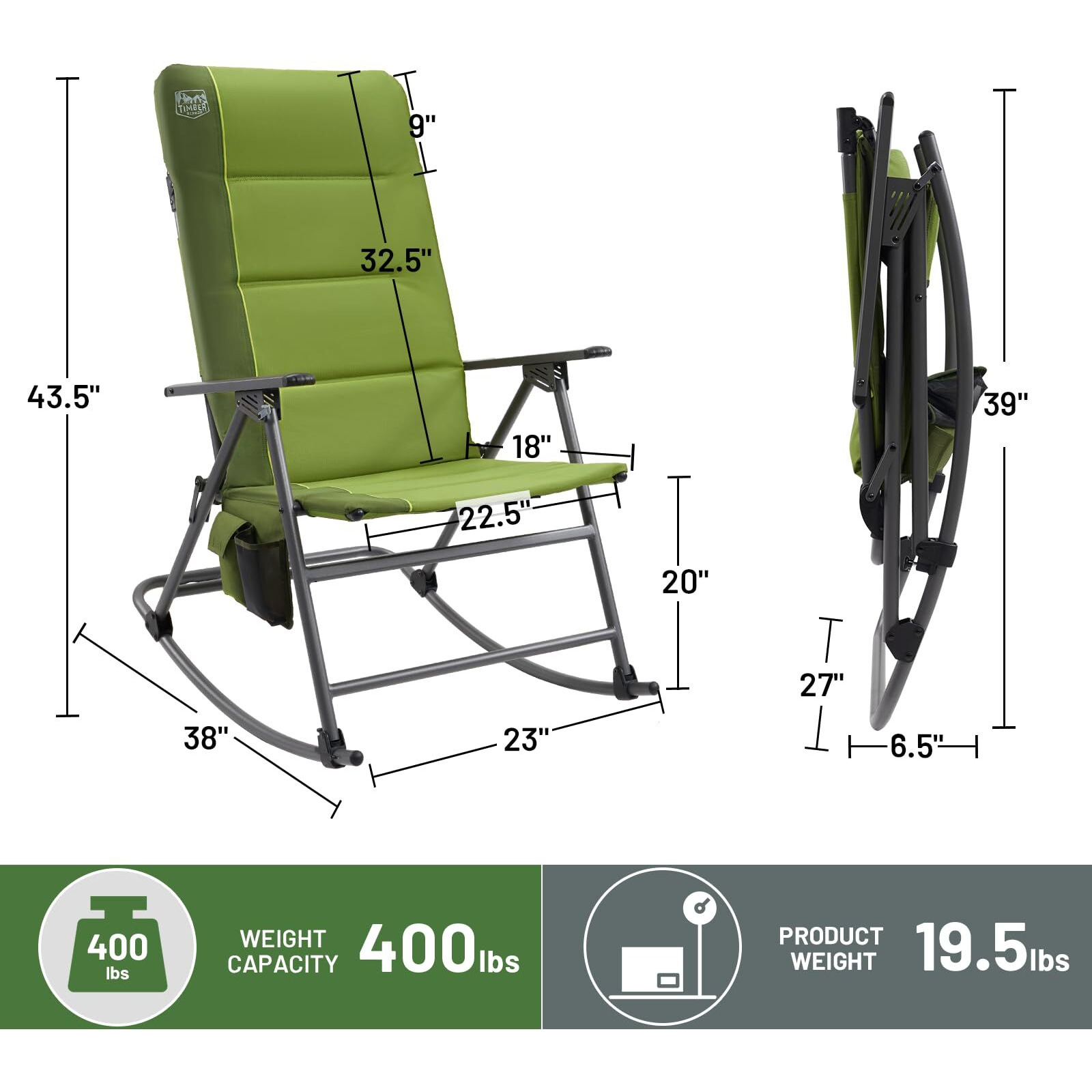 Timber Ridge High Back Oversized Folding Rocking Camping Chair, Padded Outdoor Rocker, Portable Outdoor Chair For Patio, Garden, Lawn, Supports Up To 400 Lbs, Green