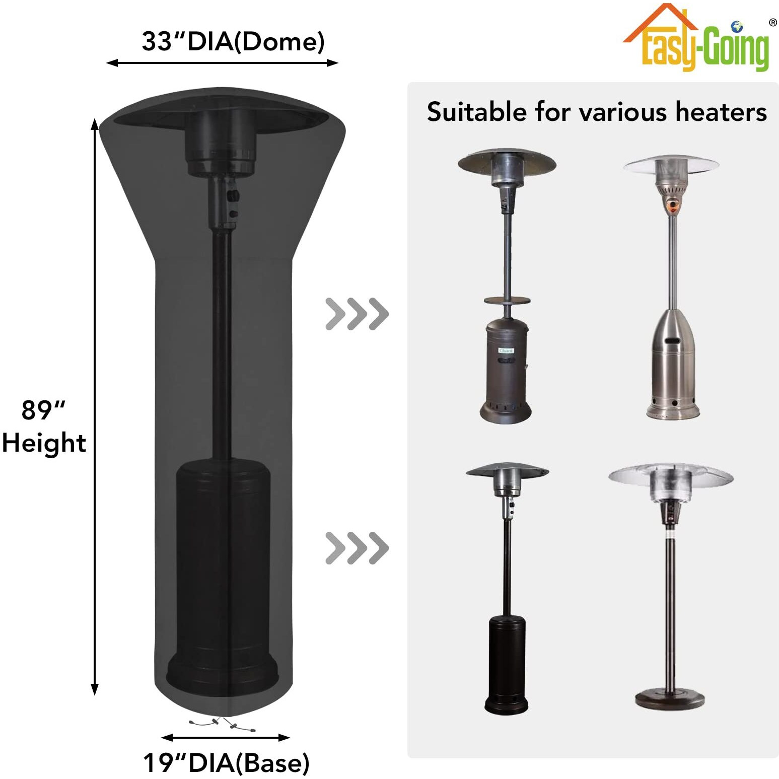 Easy-Going Patio Heater Cover With Zipper And Storage Bag, Waterproof Outdoor Heater Cover Dustproof, Uv-Resisant, Wind-Resistant (89"&quotH X 33"&quotD X 19"&quotB, Black)