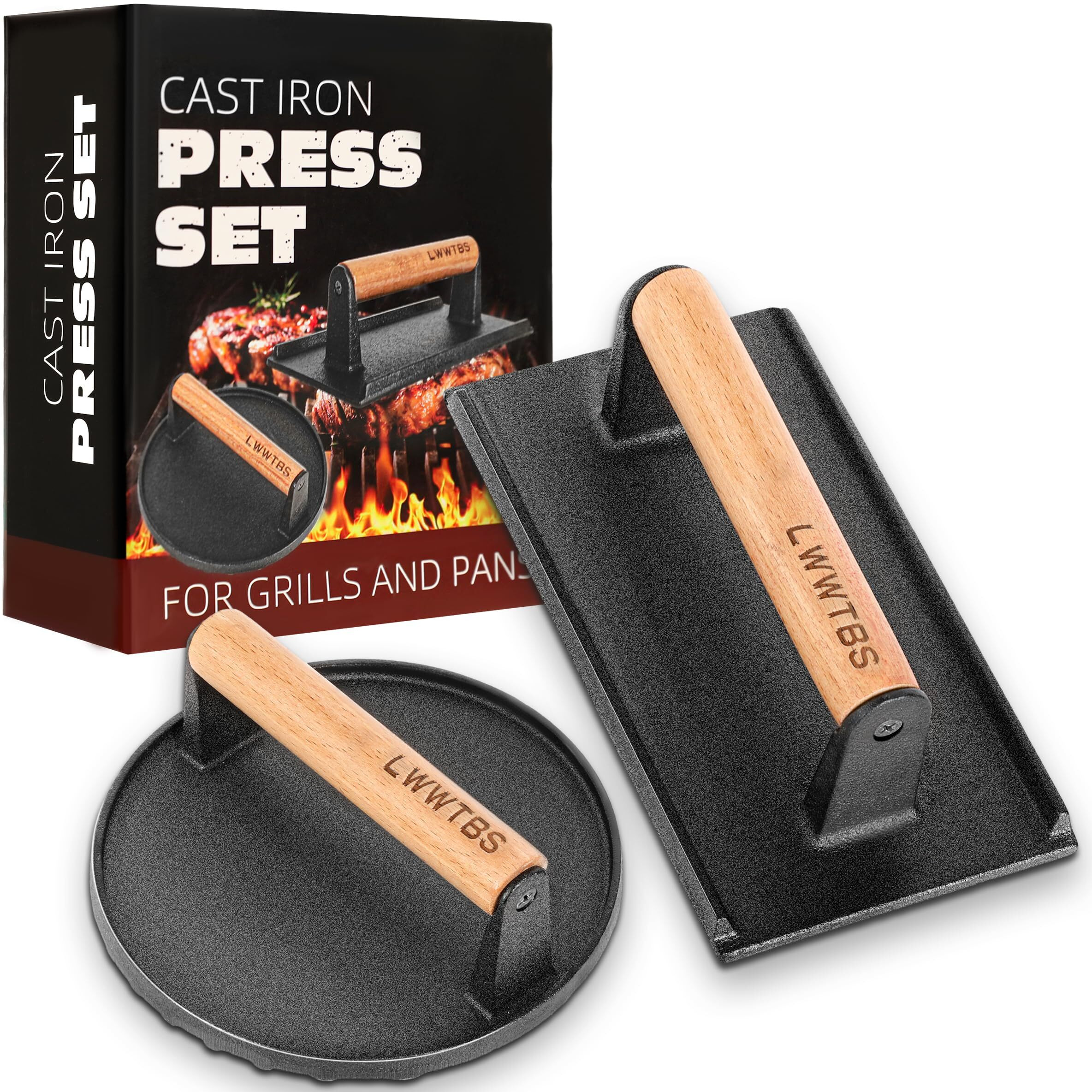 Lwwtbs Burger Press Heavy-Duty Cast Iron Smashed Meat Steak Weight Grill Griddle Press (7"" Round & 8.2"&quotX4.3"" Rectangle) With Wood Handle For Blackstone Griddle