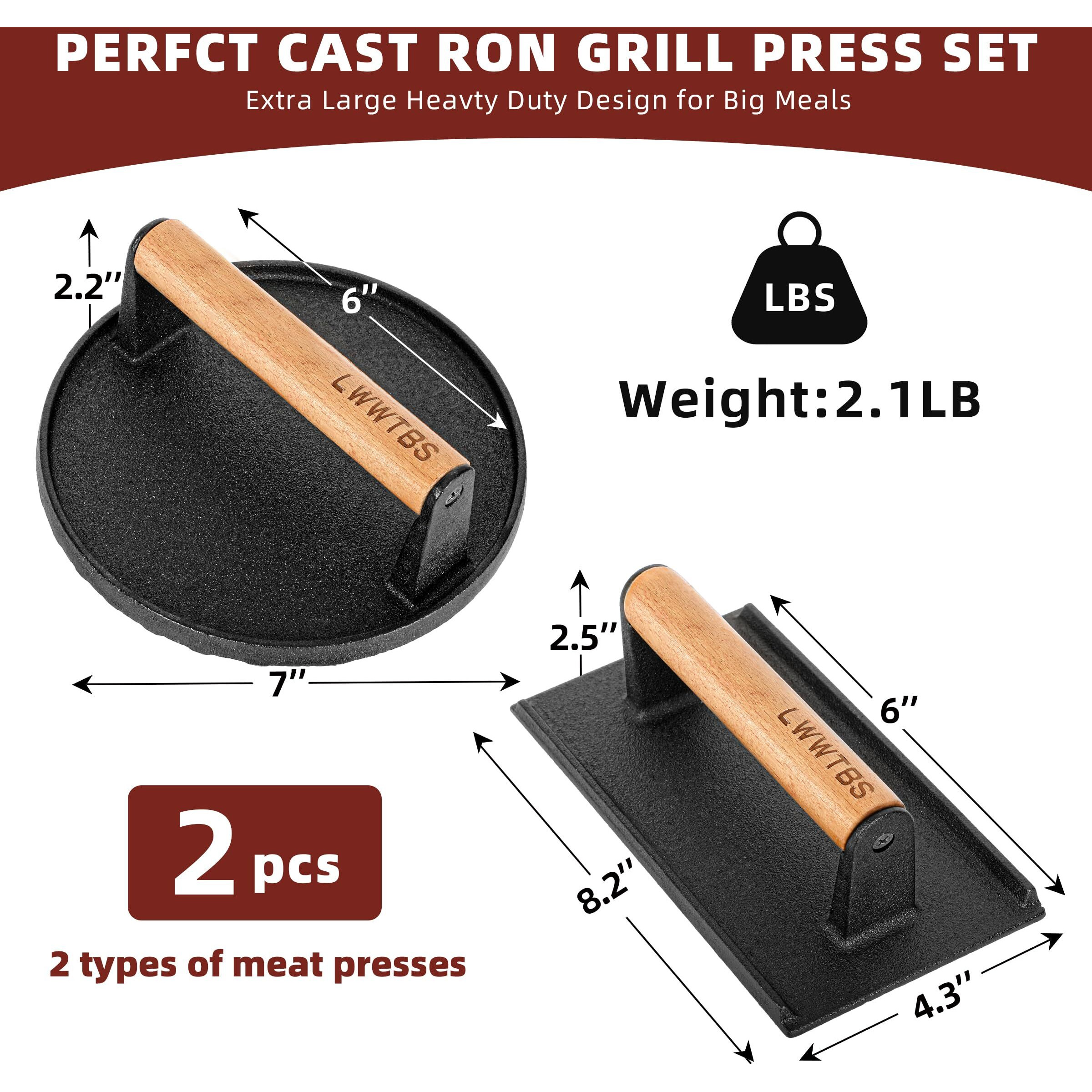 Lwwtbs Burger Press Heavy-Duty Cast Iron Smashed Meat Steak Weight Grill Griddle Press (7"" Round & 8.2"&quotX4.3"" Rectangle) With Wood Handle For Blackstone Griddle