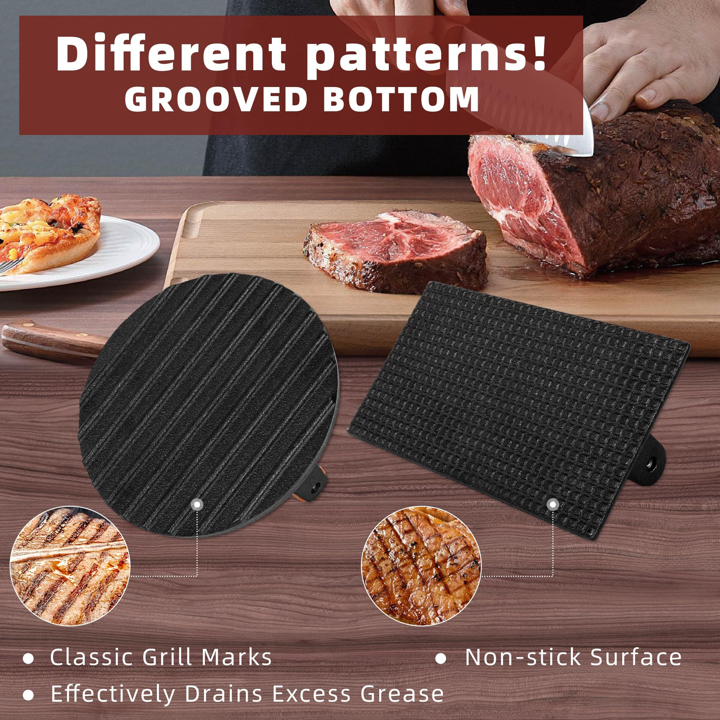 Lwwtbs Burger Press Heavy-Duty Cast Iron Smashed Meat Steak Weight Grill Griddle Press (7"" Round & 8.2"&quotX4.3"" Rectangle) With Wood Handle For Blackstone Griddle