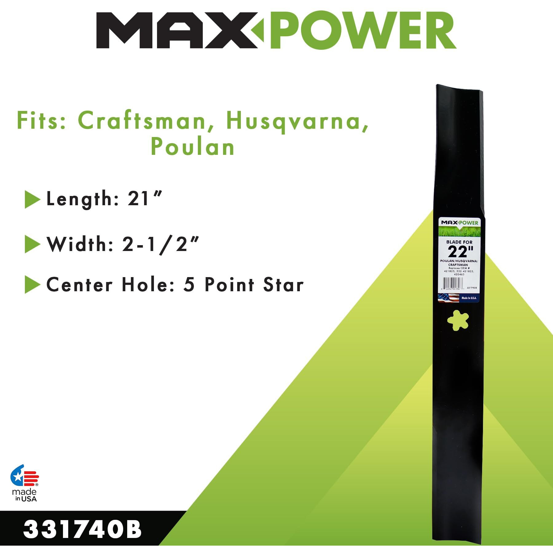 Maxpower 331740B Blade For 22 In. Cut Craftsman, Husqvarna, Poulan Mowers, Replaces Oem No. 420463, 421825, 437601, 532437601, Black