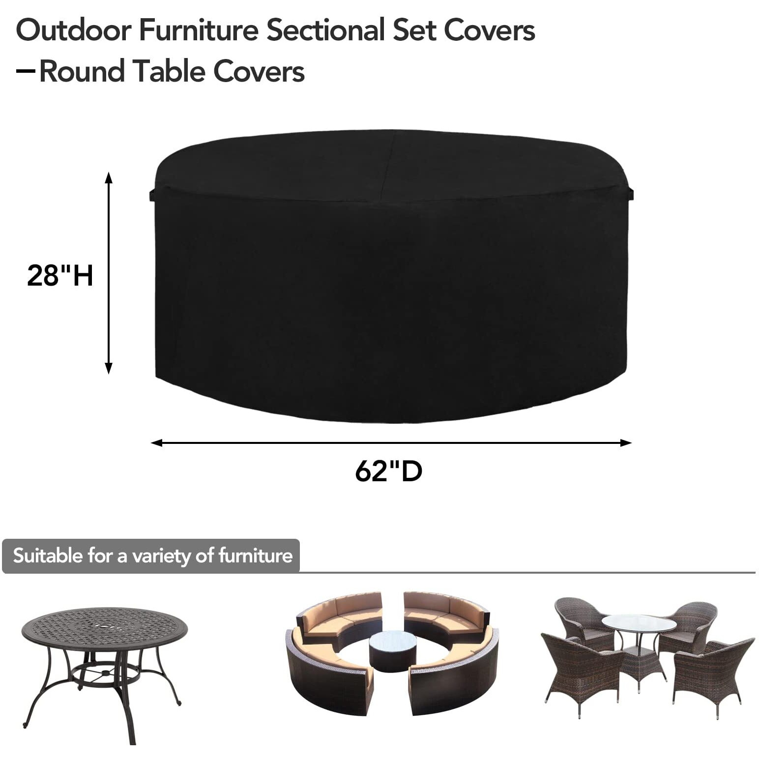 Easy-Going 600D Heavy Duty Round Patio Furniture Cover, Outdoor Table And Chair Set Cover, Waterproof Outdoor Sectional Furniture Set Cover (62&quot&quot Diax 28&quot&quot H, Black)