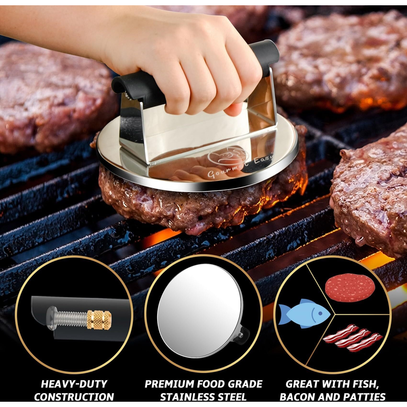 2Lb Smash Burger Press Stainless Steel, Burger Smasher For Griddle Heat Resistant Handle, Hamburger Press, Dishwasher Safe Grill Press For Griddle, Meat Press Griddle Press For Flat Top Grill Cooking