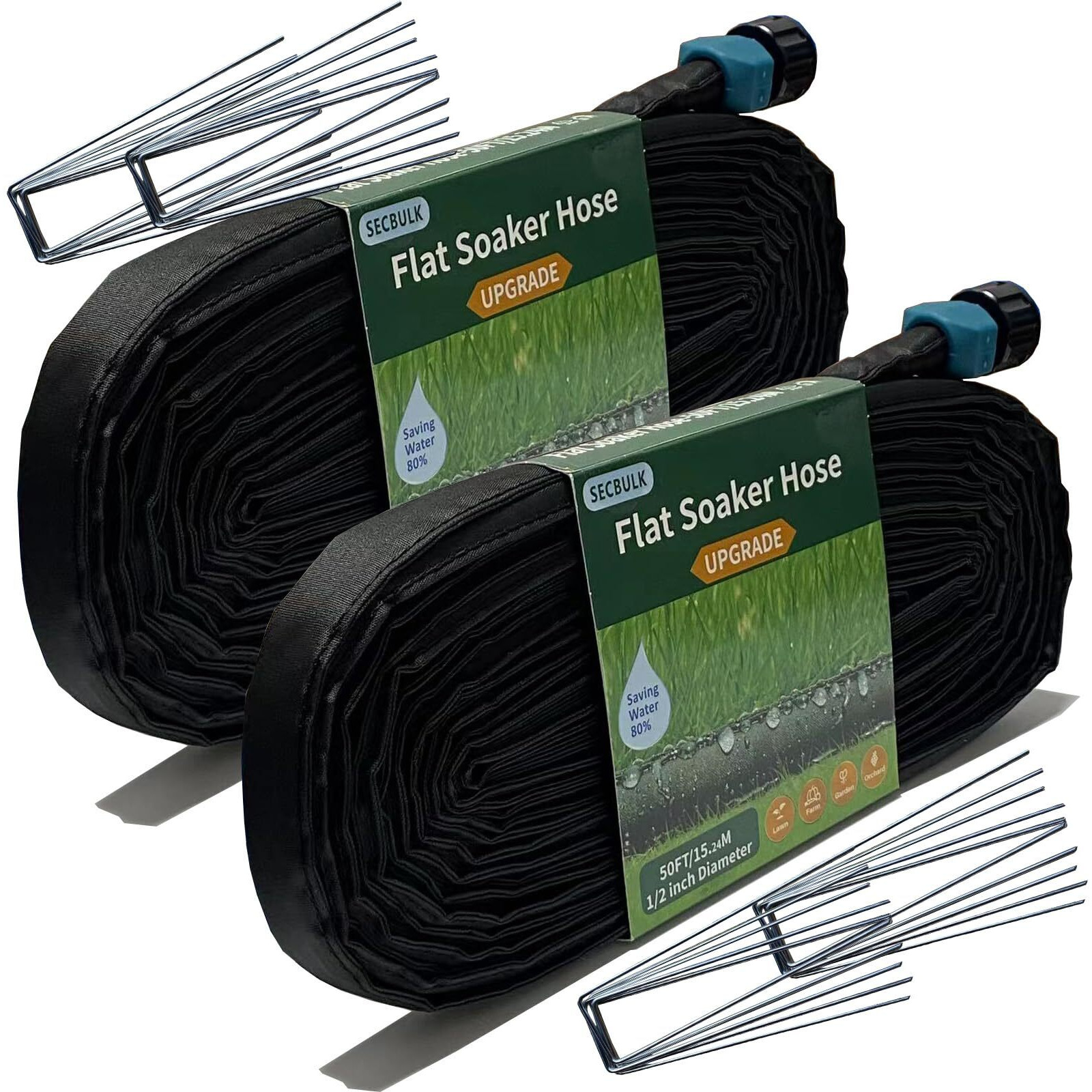 Secbulk 2024 Flat Soaker Hose 100 Ft With Stakes For Garden, 50Ft X 2 Linkable Drip Hose Diy Automates Garden Irrigation System Saving 80% Water, Dual-Layer Leak-Free Design Water Hose With Holes