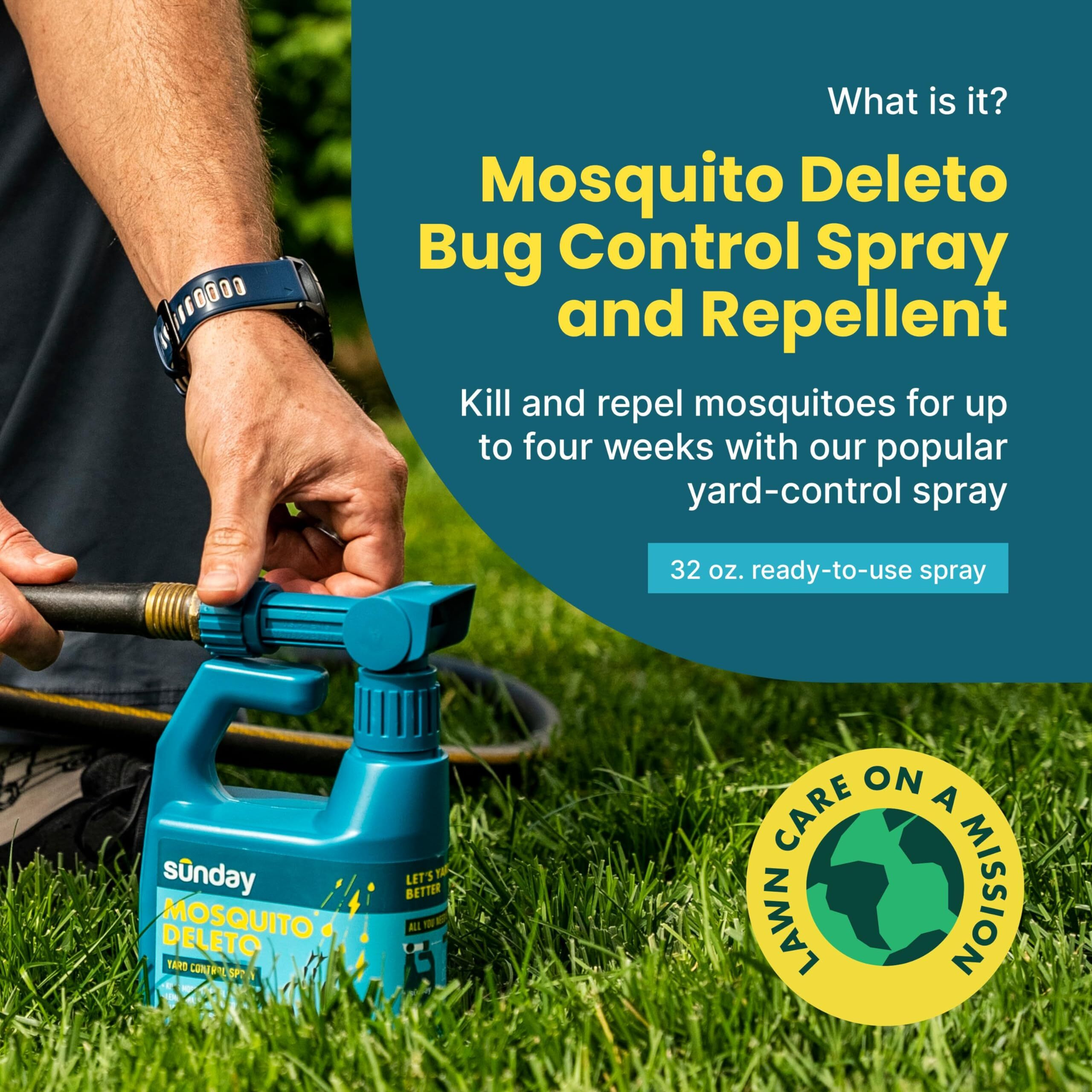 Sunday Mosquito Deleto - Mosquito Repellent & Bug Control Spray - Concentrated Lemongrass & Cedar Oils - For Mosquitoes, Fleas, & Ticks - Lasts Up To 4 Weeks - Hose-On Sprayer, 32 Fl Oz