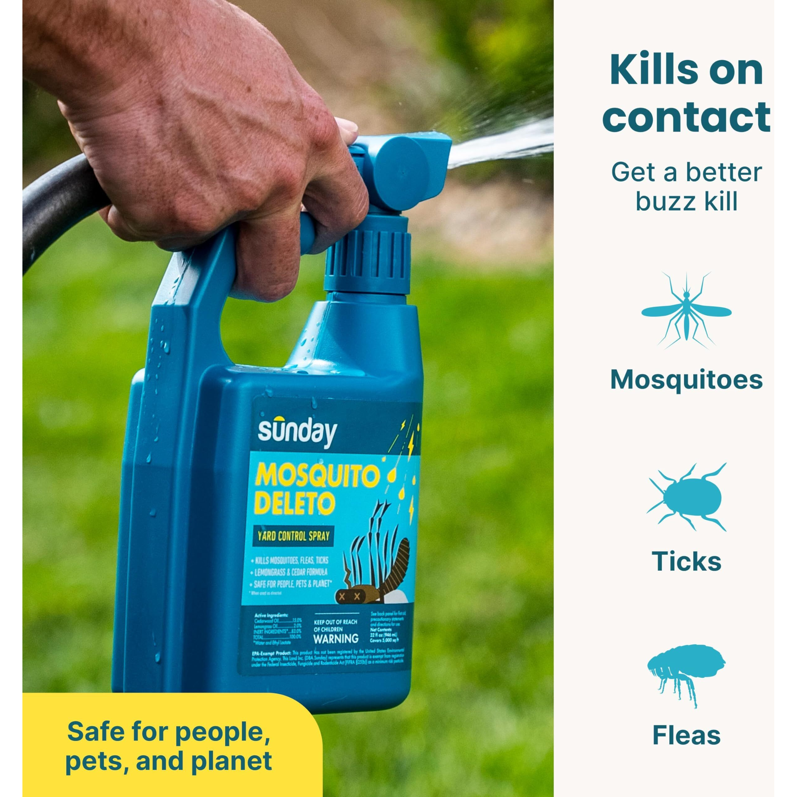 Sunday Mosquito Deleto - Mosquito Repellent & Bug Control Spray - Concentrated Lemongrass & Cedar Oils - For Mosquitoes, Fleas, & Ticks - Lasts Up To 4 Weeks - Hose-On Sprayer, 32 Fl Oz