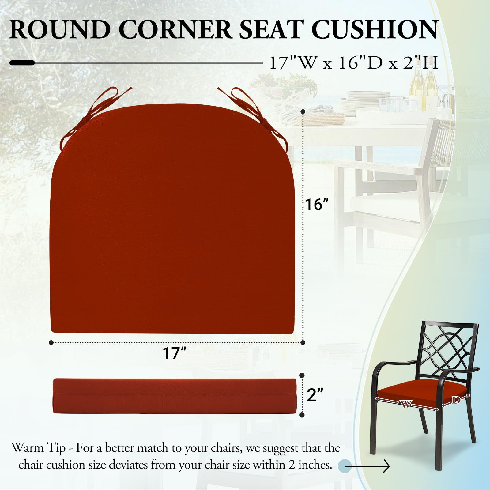 Wellsin Outdoor Chair Cushions For Patio Furniture - Patio Chair Cushions Set Of 2 - Waterproof Round Corner Outdoor Seat Cushions 17"&quotX16"&quotX2"", Brick Red