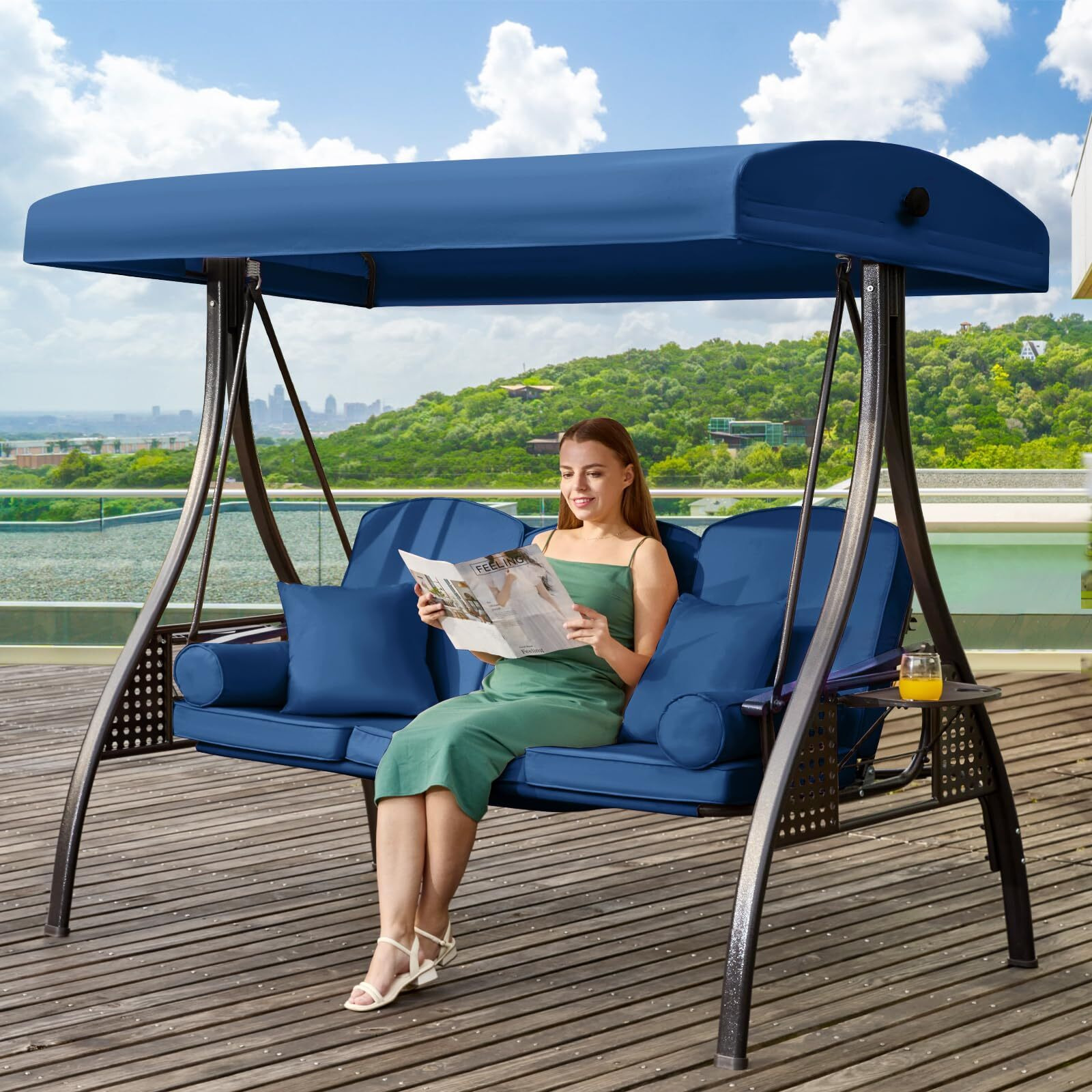 Yalissey 3 In 1 Outdoor Porch Swing With Adjustable Canopy, 3 Seat Outdoor Swing For Adults, Patio Swing Chair With Thickened Cushions,Pillows & Cup Holders For Backyard, Porch, Garden (Blue)