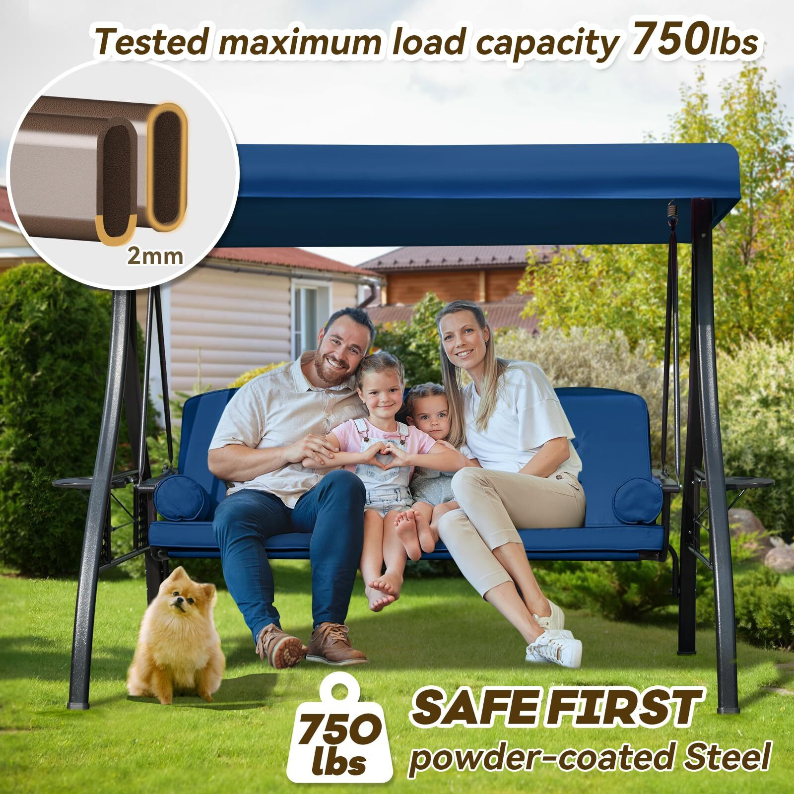 Yalissey 3 In 1 Outdoor Porch Swing With Adjustable Canopy, 3 Seat Outdoor Swing For Adults, Patio Swing Chair With Thickened Cushions,Pillows & Cup Holders For Backyard, Porch, Garden (Blue)