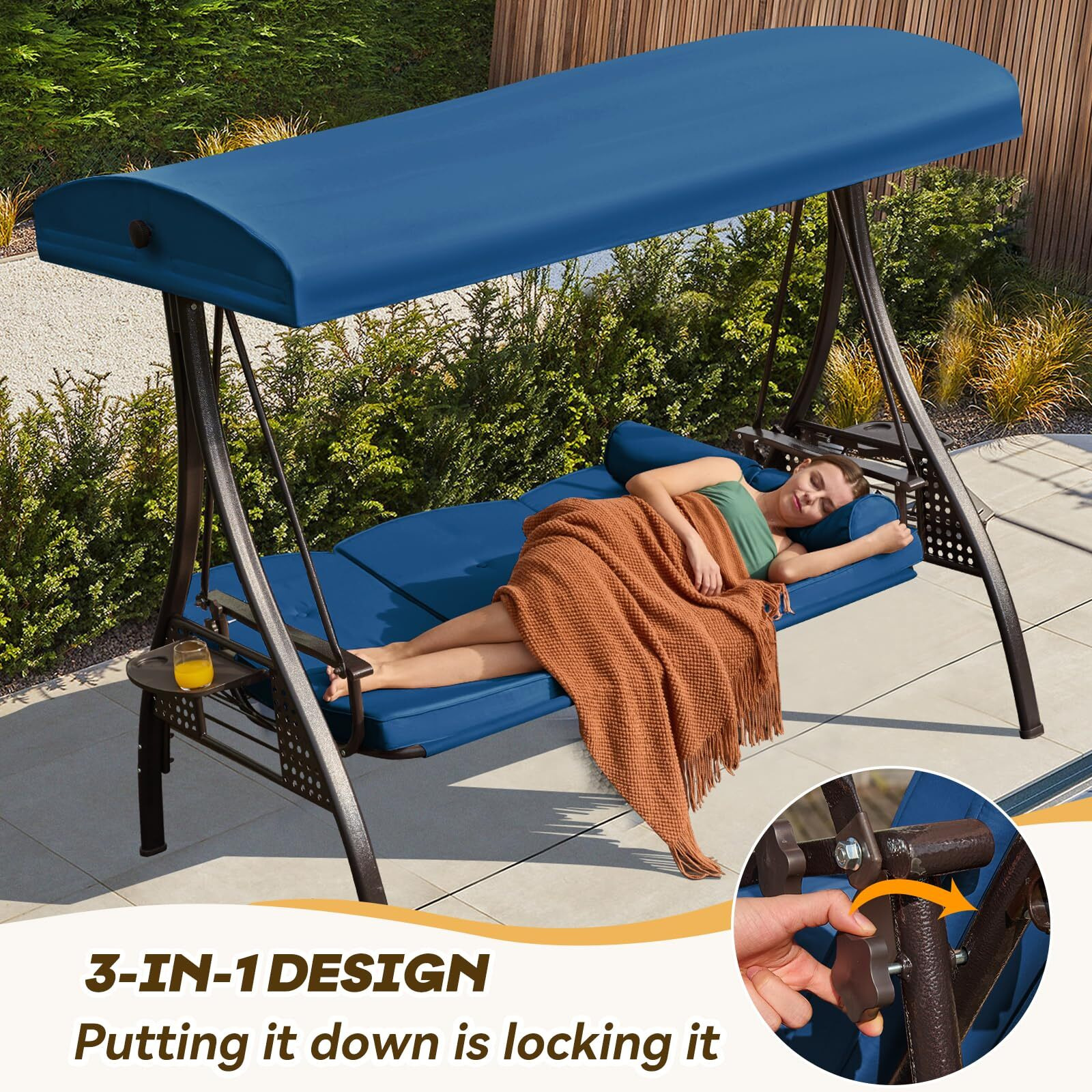 Yalissey 3 In 1 Outdoor Porch Swing With Adjustable Canopy, 3 Seat Outdoor Swing For Adults, Patio Swing Chair With Thickened Cushions,Pillows & Cup Holders For Backyard, Porch, Garden (Blue)