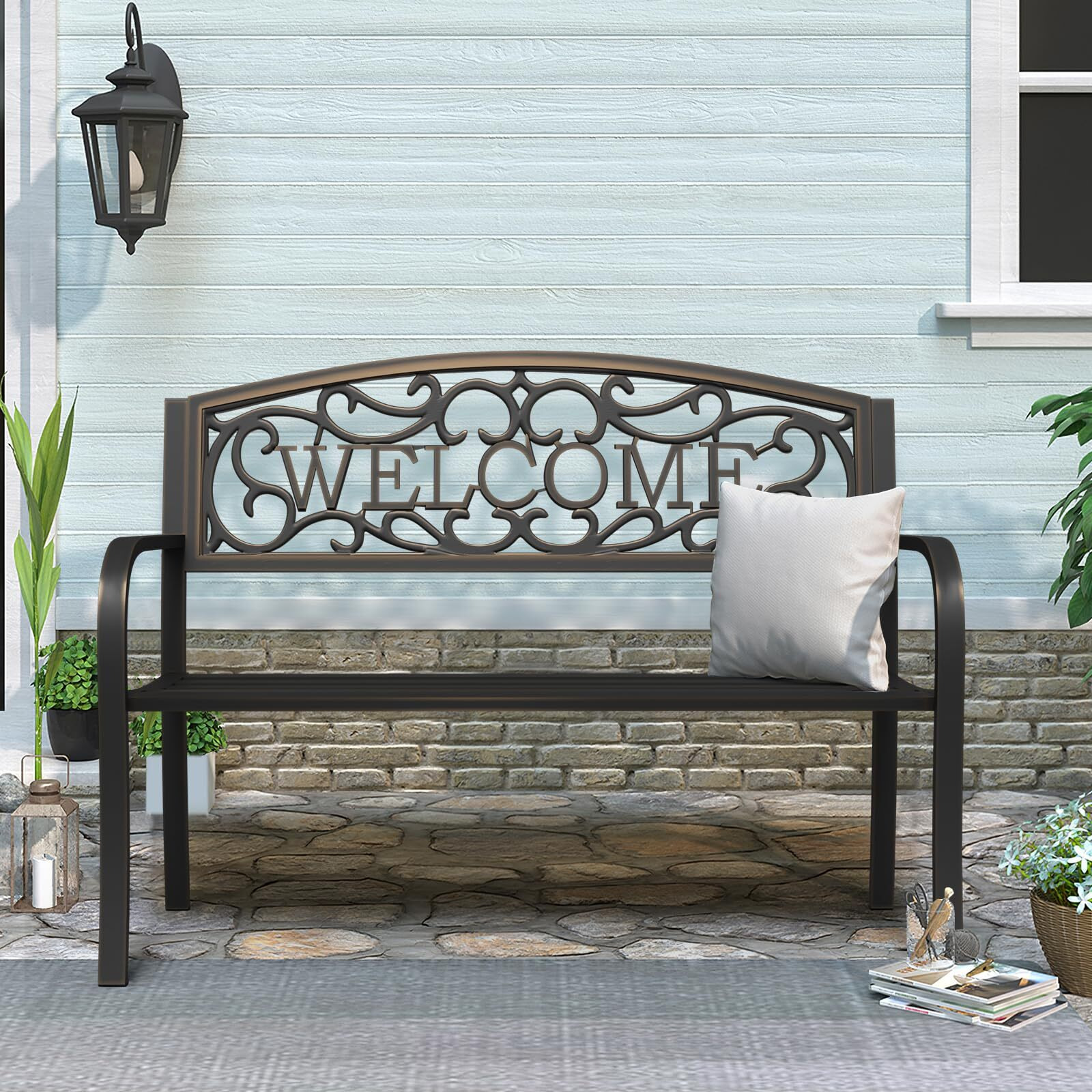 Maemttes Outdoor Bench Garden Bench, Weatherproof Anti-Rust Heavy-Duty Outside Bench Clearance, Wrought Iron Metal Bench For Front Porch, Patio, Park