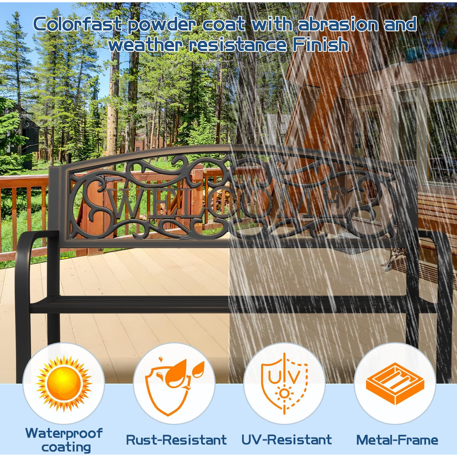 Maemttes Outdoor Bench Garden Bench, Weatherproof Anti-Rust Heavy-Duty Outside Bench Clearance, Wrought Iron Metal Bench For Front Porch, Patio, Park
