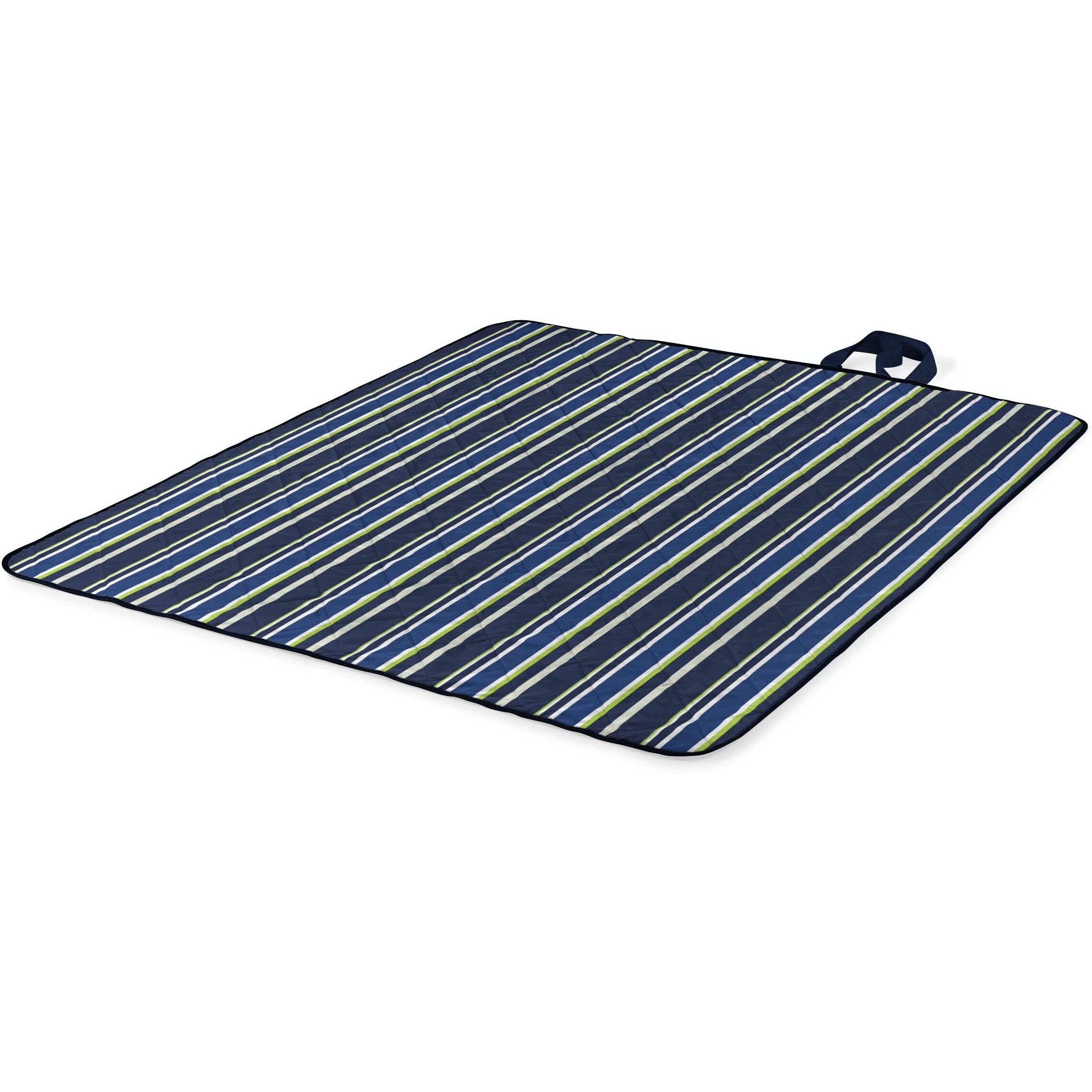 Oniva - A Picnic Time Brand - Vista Outdoor Picnic Blanket & Tote - Beach Blanket - Camping Blanket, (Blue Stripe Pattern With Navy Blue Exterior)